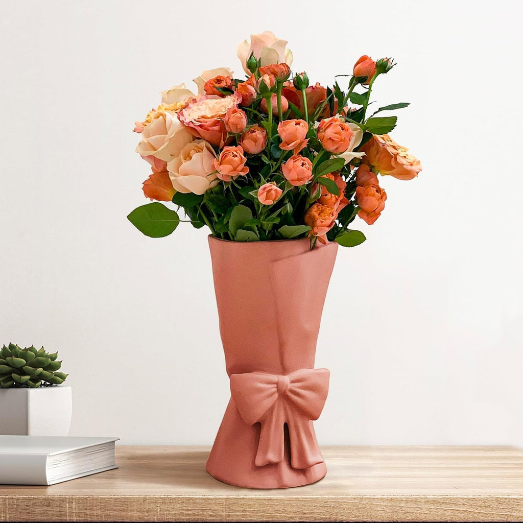 Relexome Beige Ceramic Bow Vase 9.64 in Unique Cute Modern Decorative Bouquet Flower Vases for Home Living Room Table Decor Women Girl Gifts