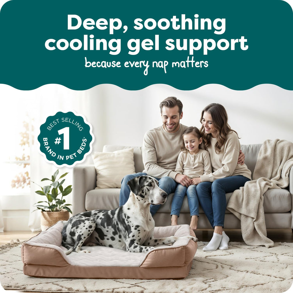 Furhaven Cooling Gel Dog Bed for Medium/Small Dogs w/ Removable Bolsters & Washable Cover, For Dogs Up to 35 lbs - Plush & Velvet Waves Perfect Comfort Sofa - Brownstone, Medium