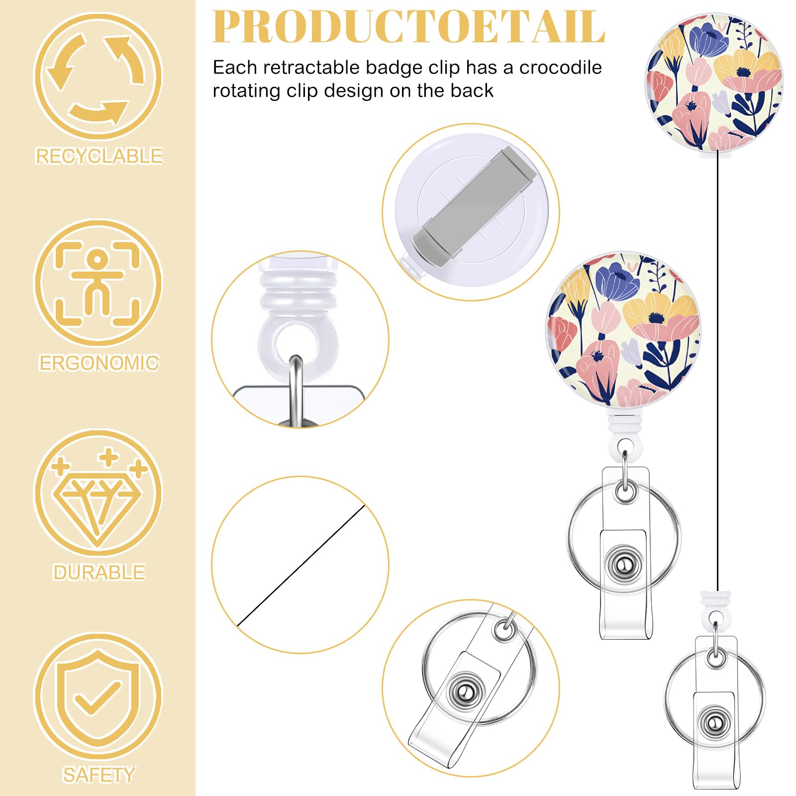 3 Set Badge Holder Retractable Reel Bloom ID Badge Holders with Clip Cute Name Badge Holders for Teacher Nurse Doctor Student Office Workers
