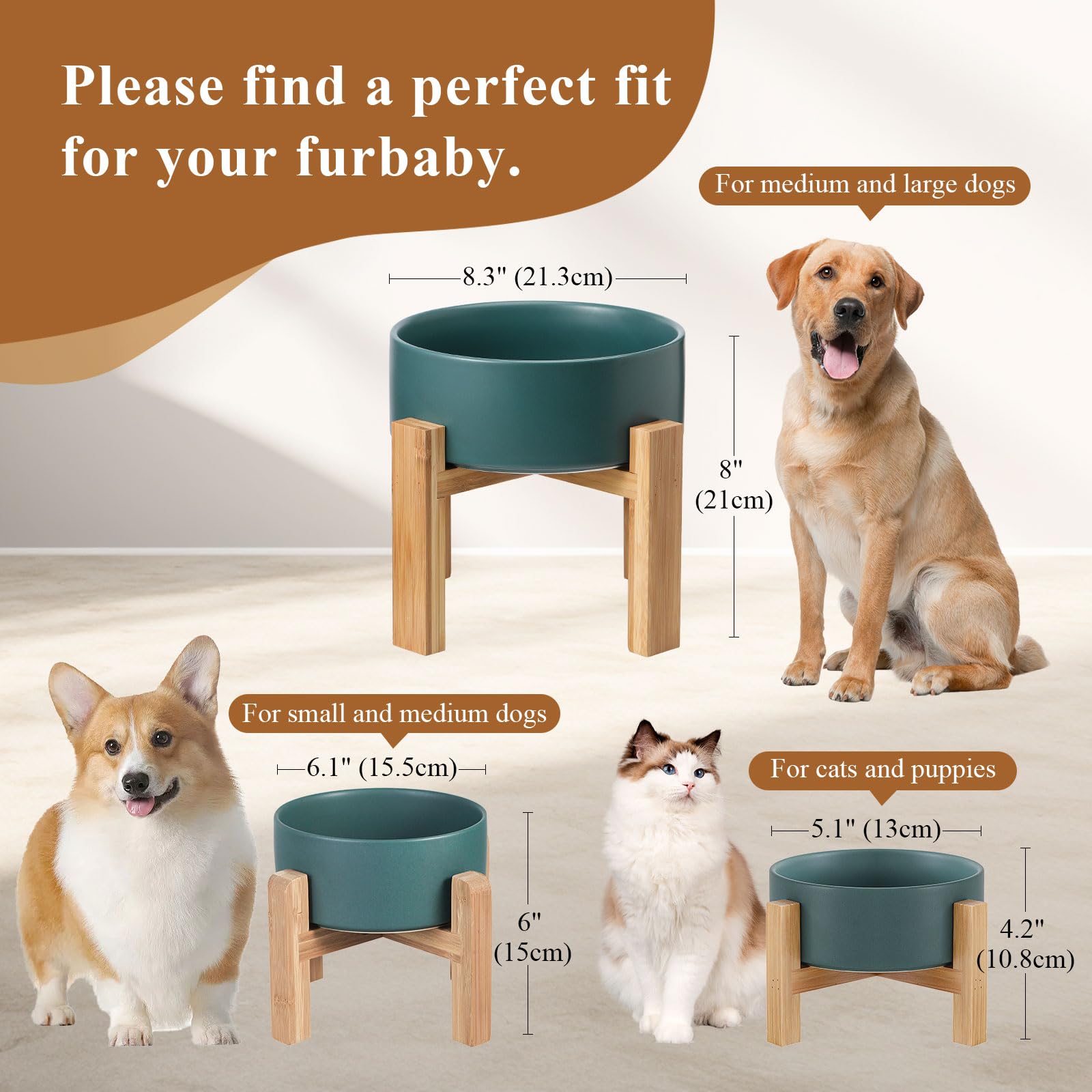 Raised Ceramic Cat Bowl - Cat Food Bowl with Bamboo Stand - Elevated Dog Food Dish for Puppies - Comfort Eating - 13.5 oz - 400 ml - Green