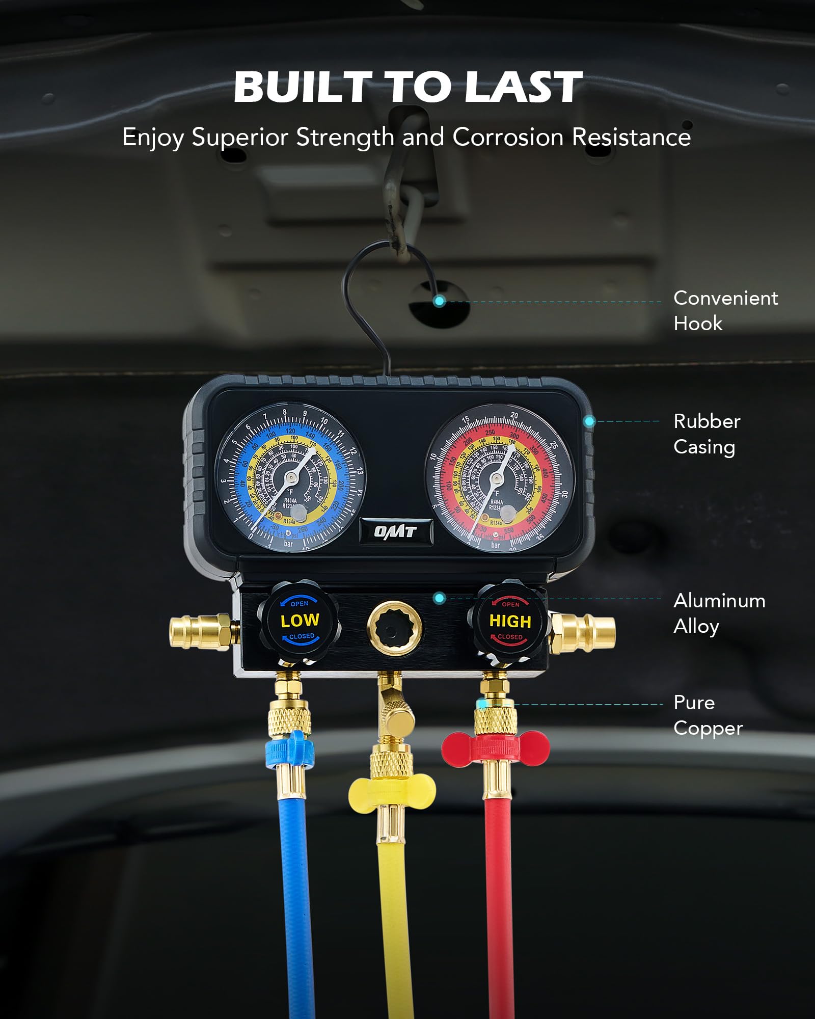 Orion Motor Tech AC Gauges, 3 Way Manifold Gauge Set for R1234yf R404a R134a Refrigerant, Automotive Gauge Set with Hoses Quick Couplers Self Sealing Can Taps for Car Freon Charging & Evacuation