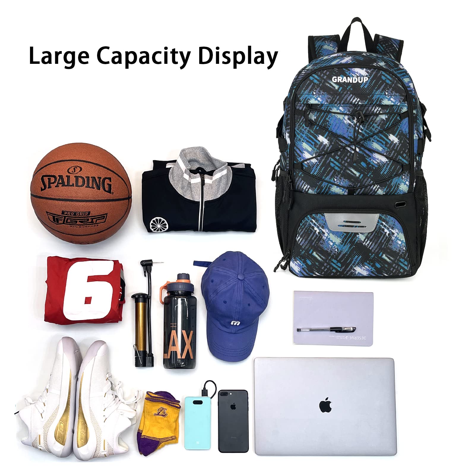 GRANDUP Basketball backpack with ball and shoes compartment Fit Volleyball, soccer, Swim, Gym, Travel, and School, large capacity sports training equipment bags