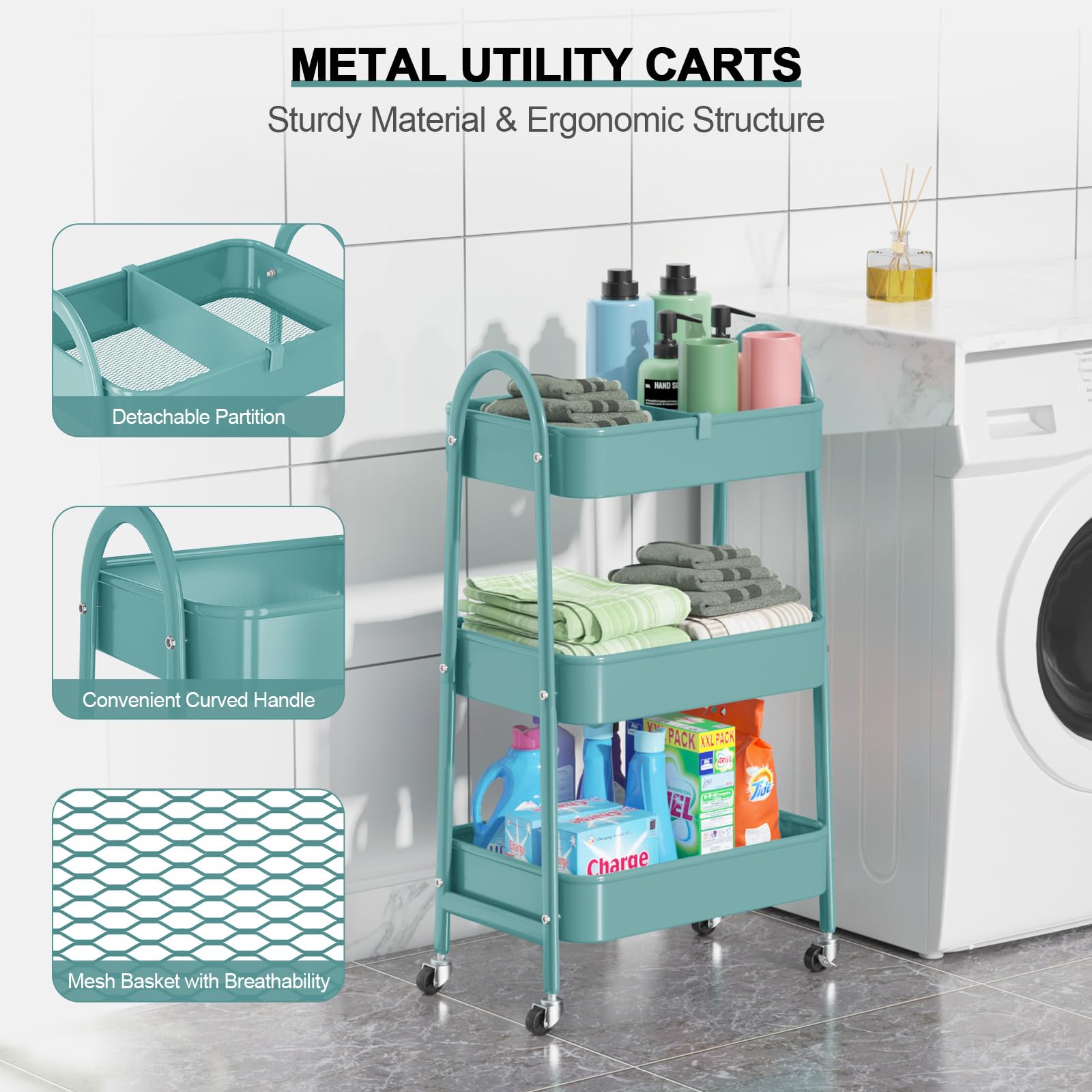 EAGMAK 3 Tier Rolling Cart, Large Metal Storage Cart with Handle and Lockable Wheels, Big Multifunctional Storage Organizer Trolley with Mesh Baskets for Kitchen, Living Room, Office, Garage (Beige)