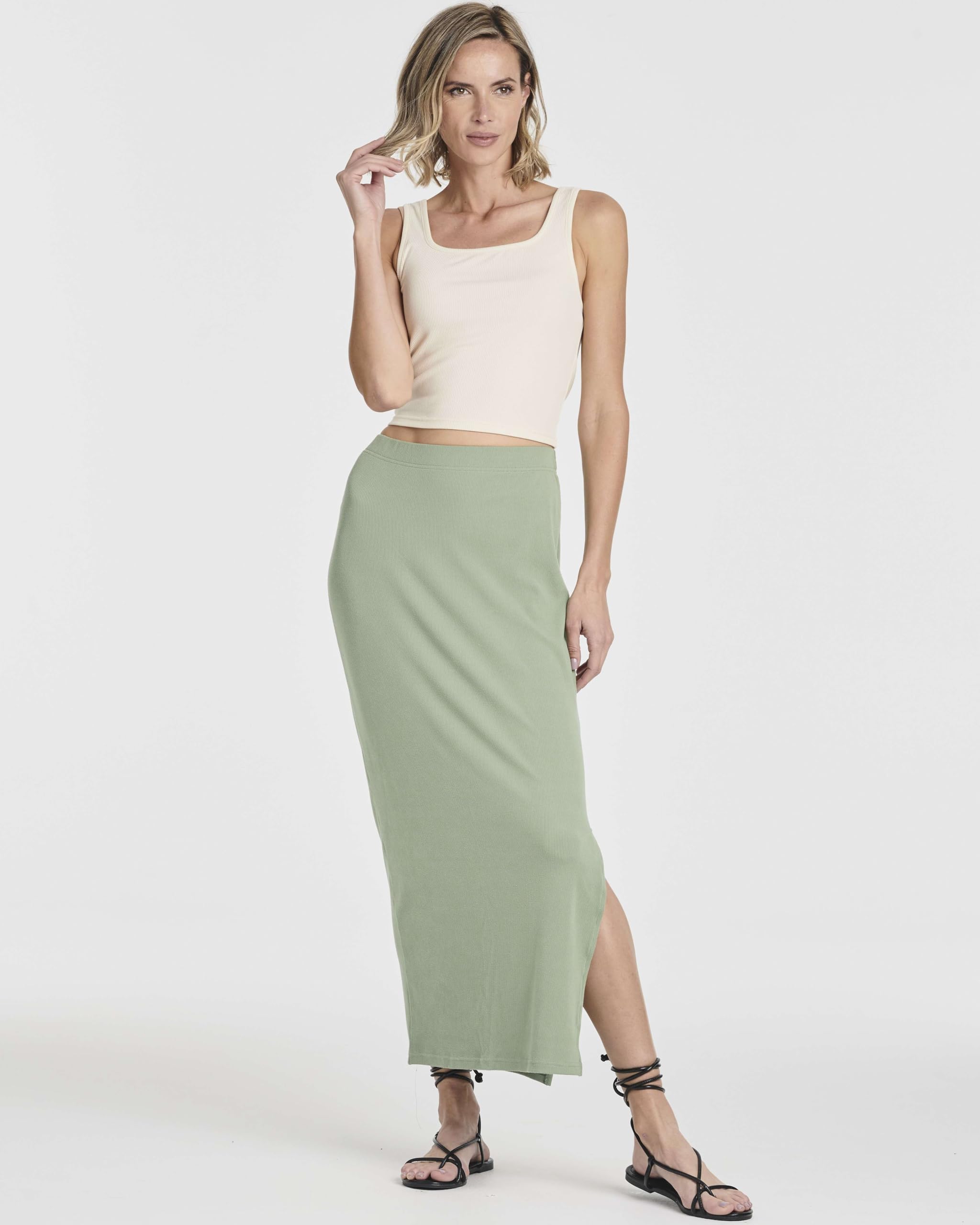 Real Essentials 3 Pack: Women's Ribbed High Waisted Maxi Skirt with Side Slit - Casual Long Pencil Skirt