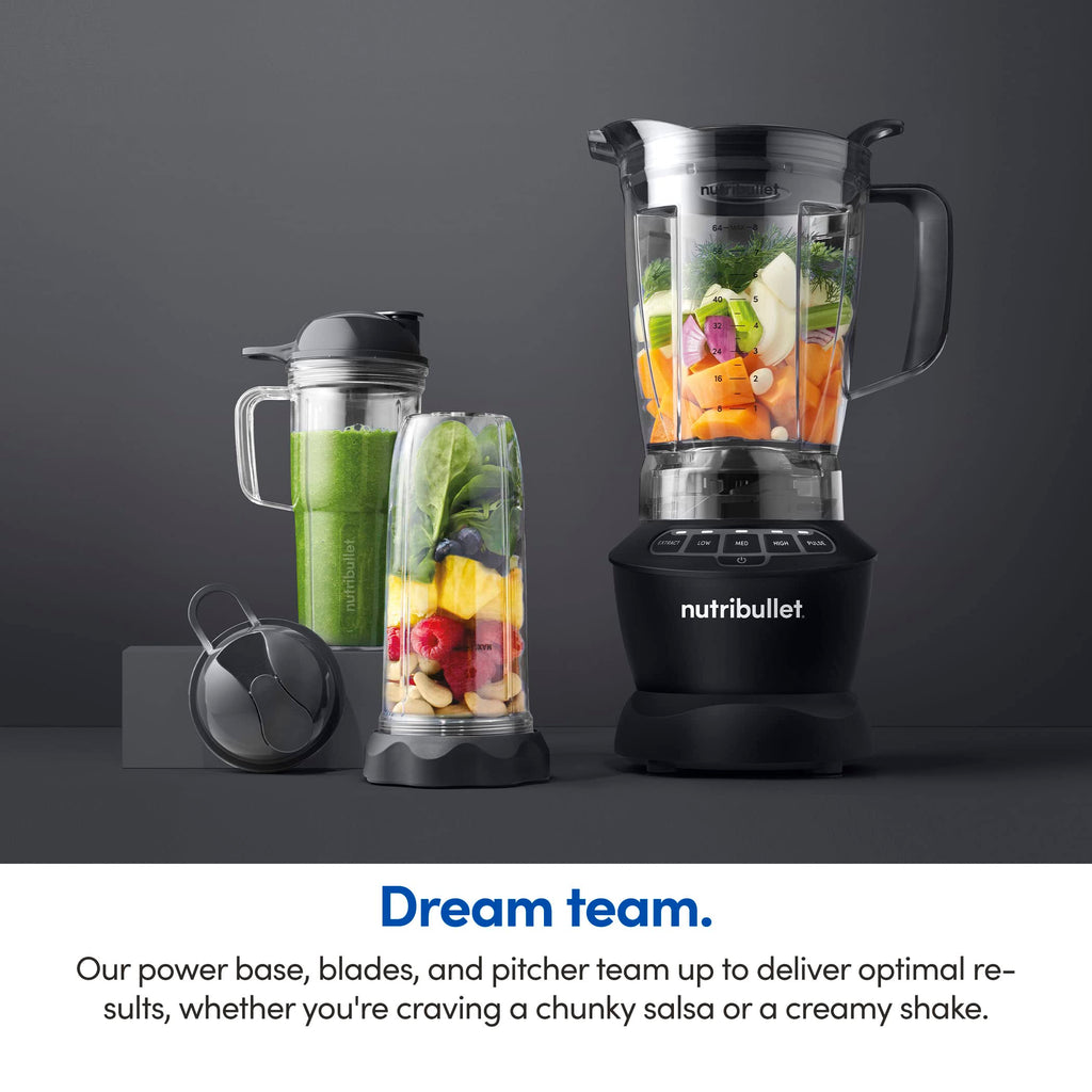 nutribullet Full-Size Blender Combo, Single-Serve & Large Capacity, 1200W, 64oz Pitcher, 32oz Cup, Extractor Blade, 3-Speed, Pulse, Smoothies, Soups, Sauces, Easy Cleaning, Matte Black, NBF50500AK
