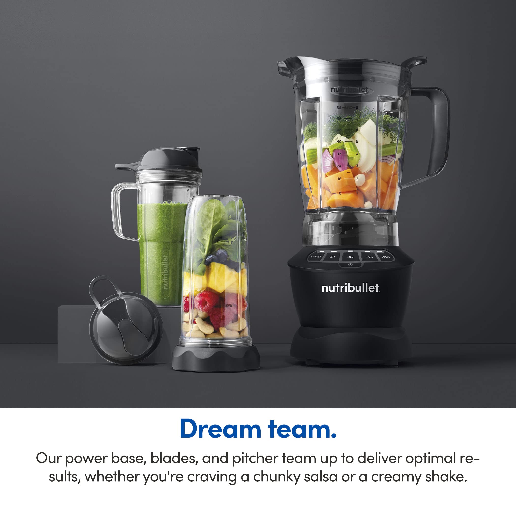 nutribullet Full-Size Blender Combo, Single-Serve & Large Capacity, 1200W, 64oz Pitcher, 32oz Cup, Extractor Blade, 3-Speed, Pulse, Smoothies, Soups, Sauces, Easy Cleaning, Matte Black, NBF50500AK