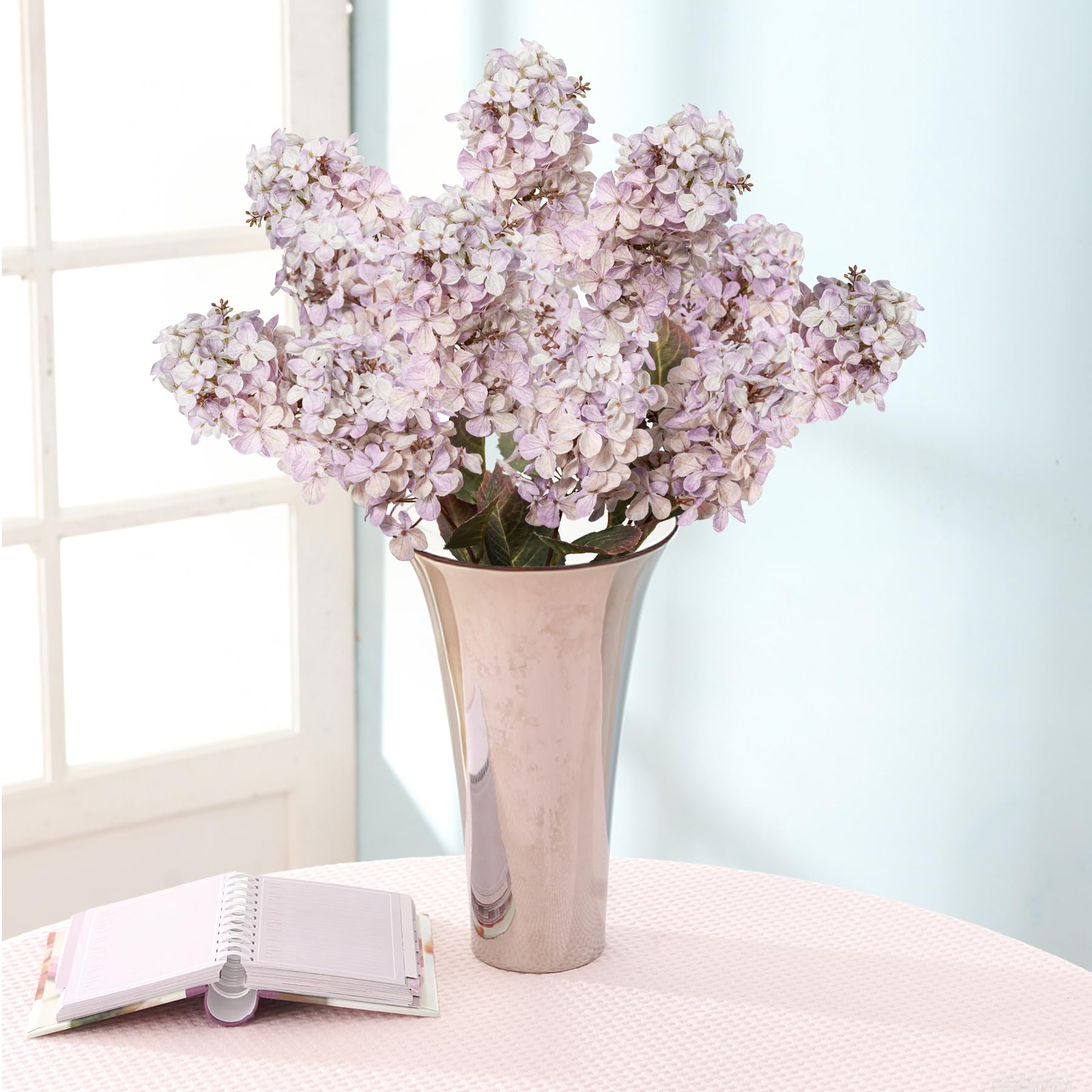 Ttranewsoo Hydrangea Artificial Flowers,Fall Hydrangeas Artificial Flowers,Blue Fake Fall Dried Hydrangea Flowers Decoration,Faux Silk Flower with Stems Winter Decor(Blue 24" 8pcs) Without Vase