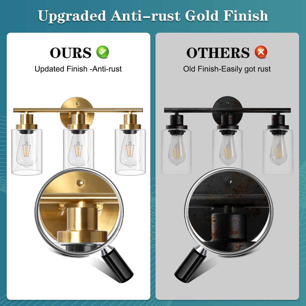 Unicozin 2 Pack Modern Bathroom Light Fixtures, 3 Light Vanity Lights, Black Wall Lamp with Clear Glass for Bathroom, Mirror, Living Room, Bedroom, Hallway, E26 Base