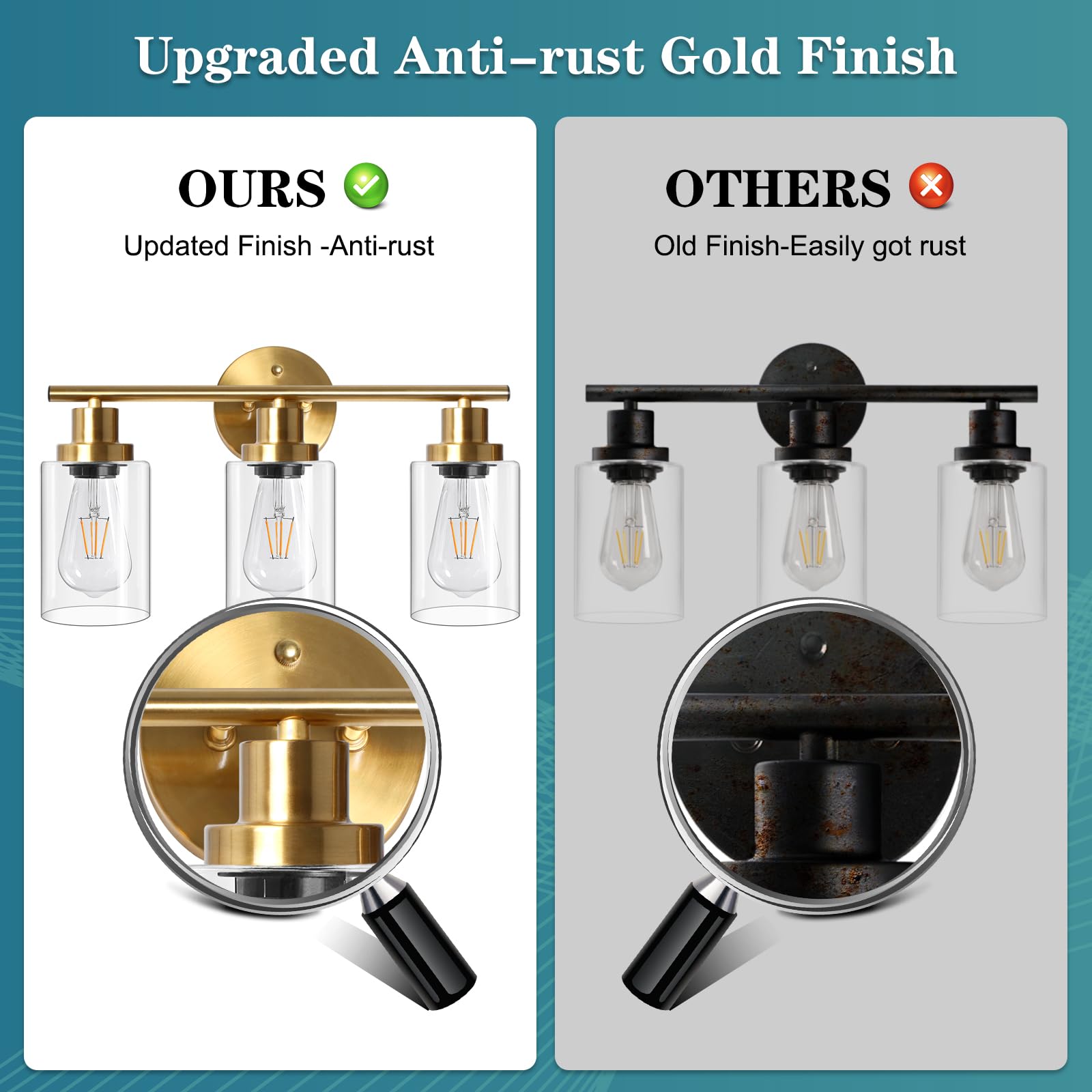 Unicozin 2 Pack Modern Bathroom Light Fixtures, 3 Light Vanity Lights, Black Wall Lamp with Clear Glass for Bathroom, Mirror, Living Room, Bedroom, Hallway, E26 Base