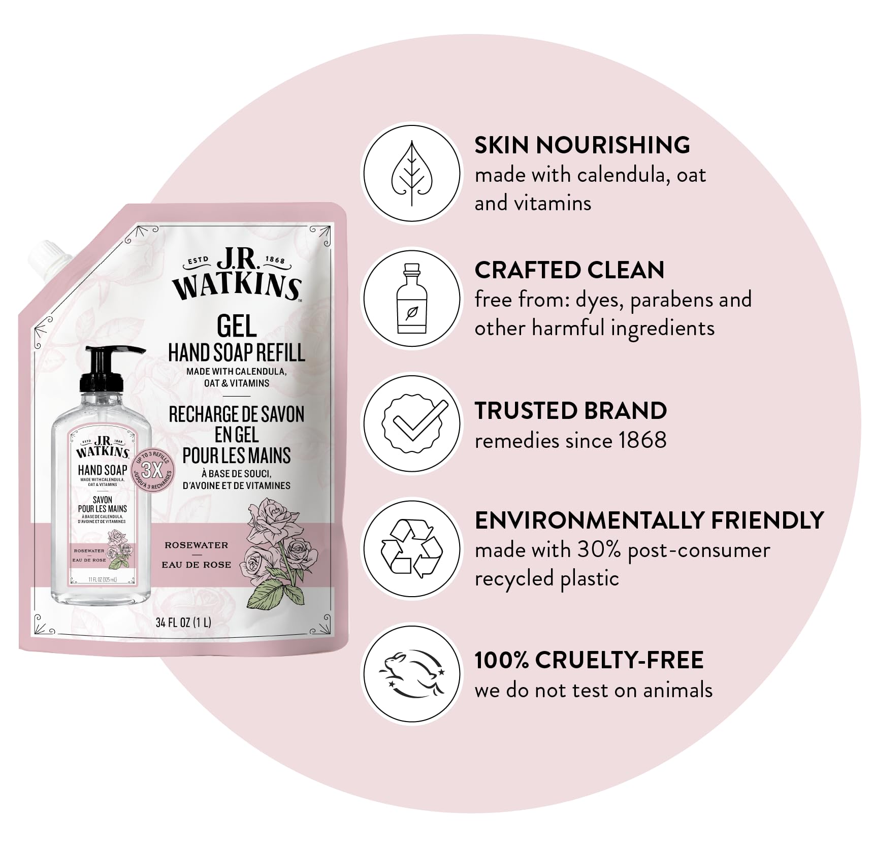 J.R. Watkins Gel Hand Soap Refill, Moisturizing Hand Wash, Formulated with Plant-Based Cleansers, Alcohol-Free, Cruelty-Free, Aloe & Green Tea, 34 Fl Oz, 2 Pack