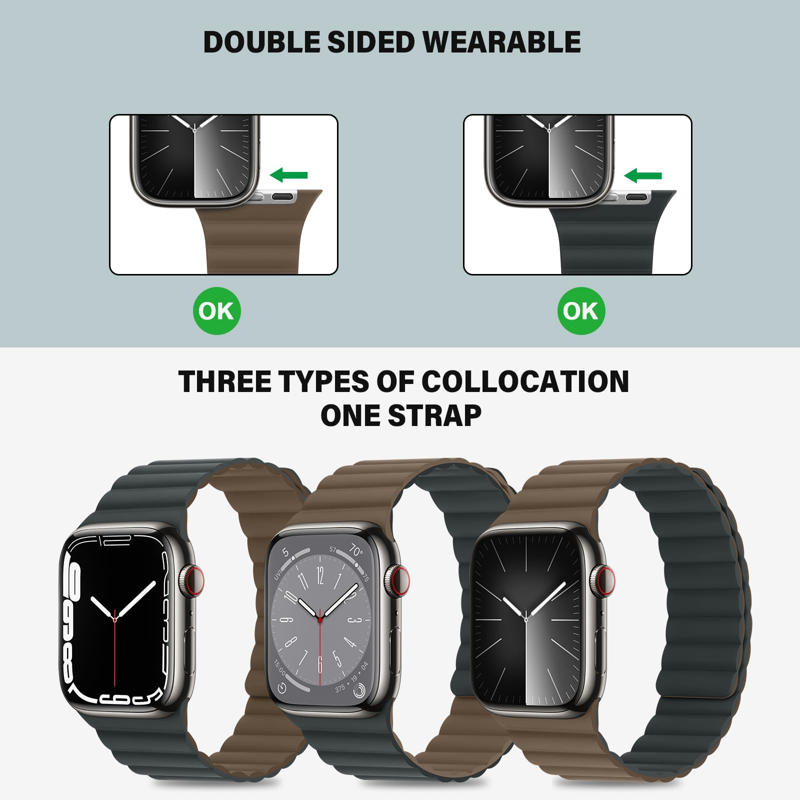 Bisikor Compatible with Apple Watch Band 49 46 45 44 42 41 40 38mm, Double Sided Wearable Silicone Magnetic Strap for iWatch Ultra SE Series 11 10 9 8 7 6 5 4 3 2 1 (38/40/41/42, Beige/Gray)