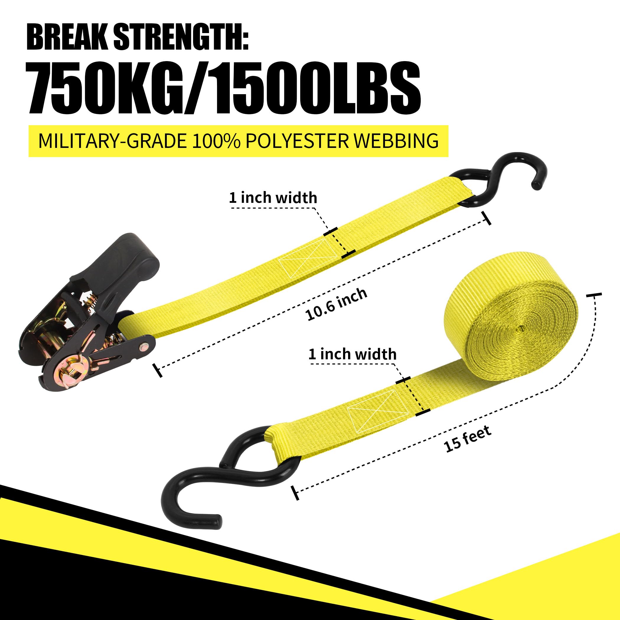 Cartman Ratchet Tie Down, 4Pk 15Ft, 500Lbs Load Cap/ 1500Lbs Break Strength, Cargo Straps for Moving Appliances, Lawn Equipment, Motorcycle in a Truck, with Carry Bag
