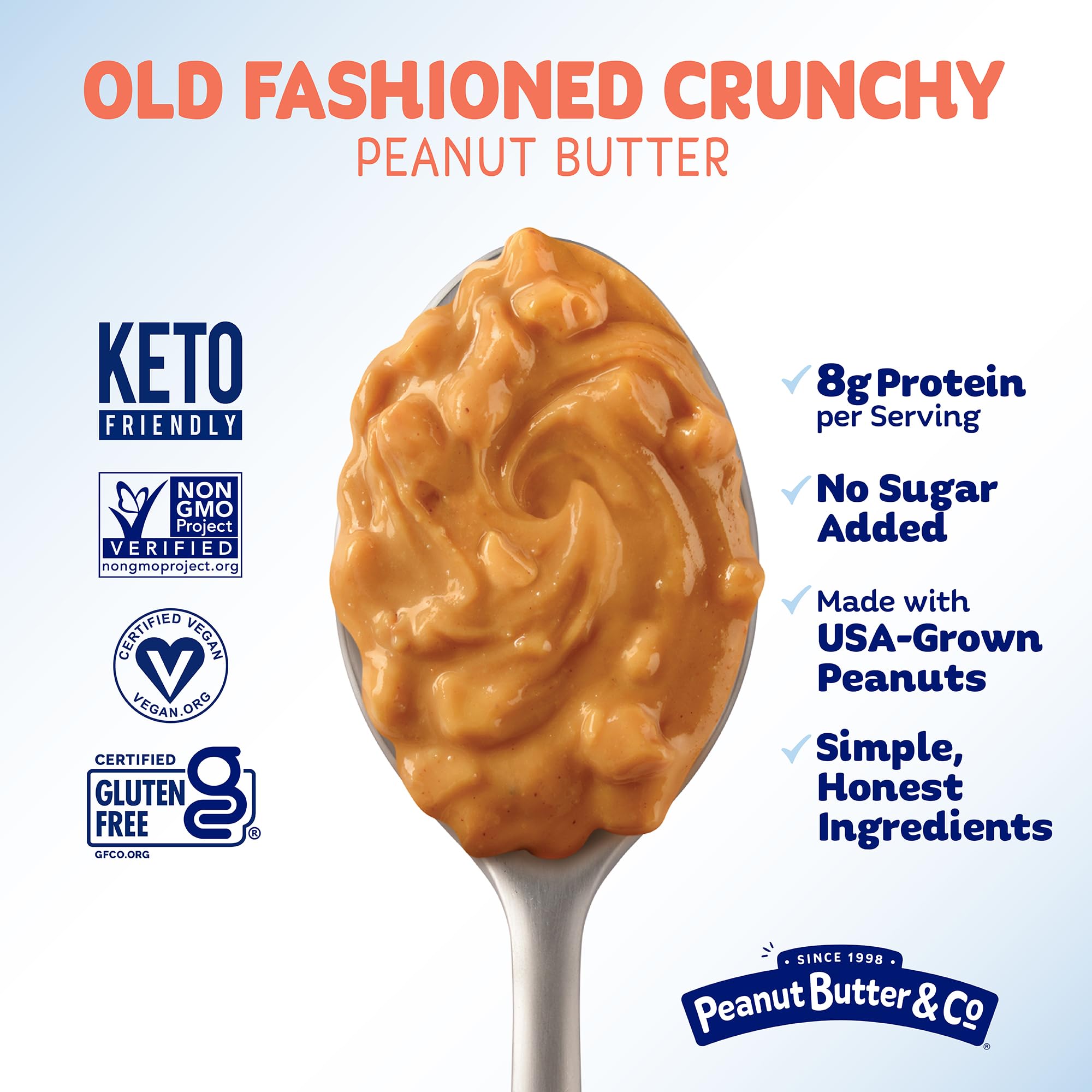 Peanut Butter & Co. Old Fashioned Crunchy Peanut Butter, No Sugar Added, 8g Protein, Non-GMO Project Verified, Gluten Free, Vegan, 16 oz Jar