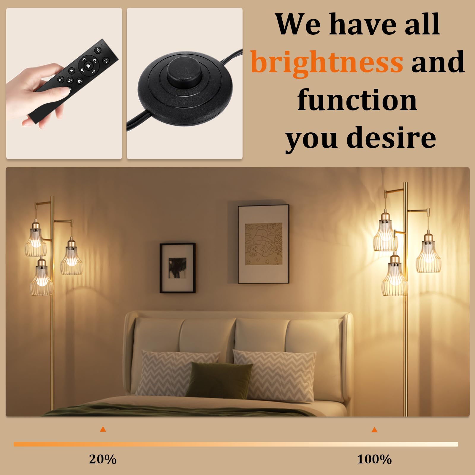 Ziisee Dimmable Floor Lamps for Living Room, Industrial Tree Standing Tall Lamps with 3 Elegant Cage Shade & 800 Lumens LED Bulbs for Bedroom Office - Brown