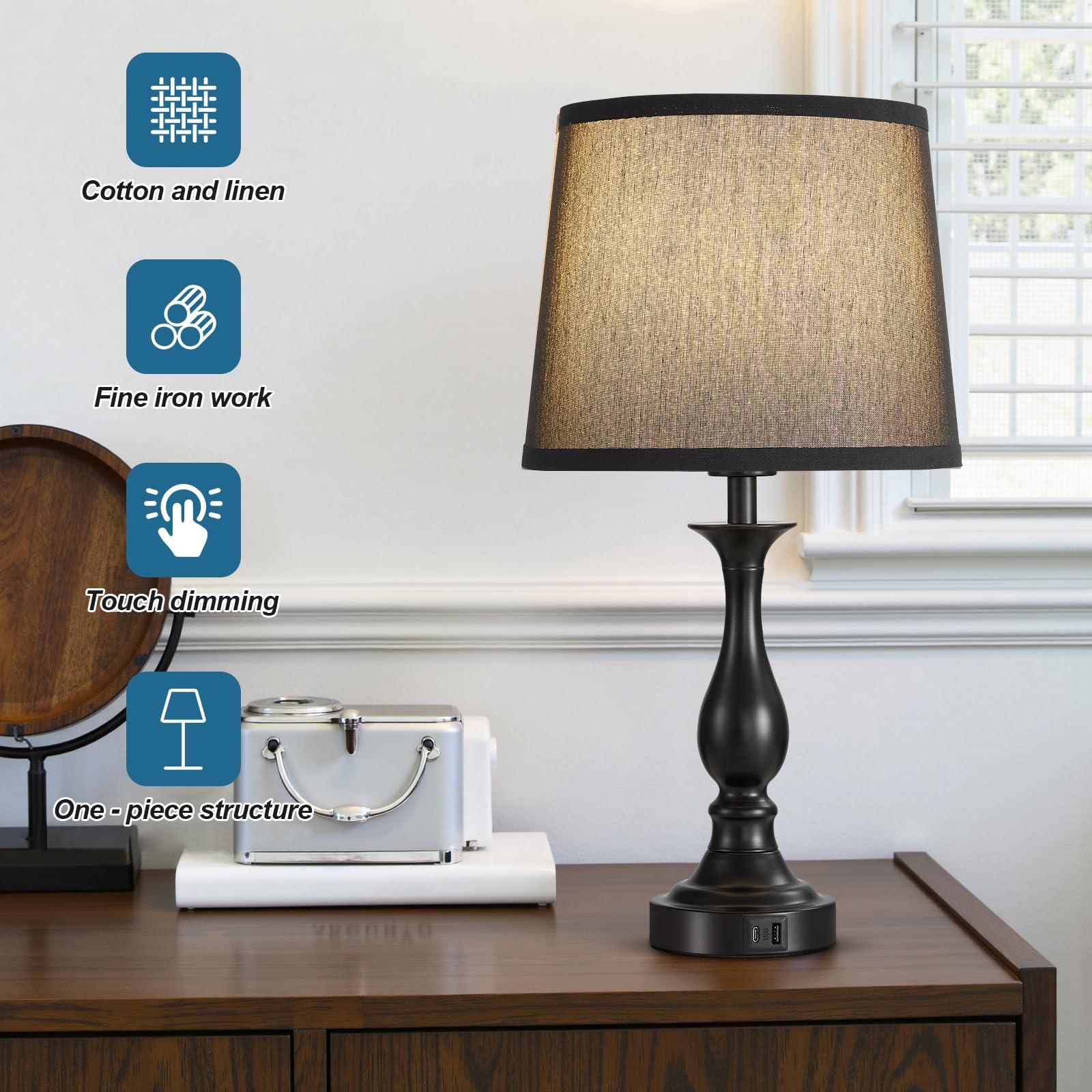 Bedside Table Lamp Touch Control Bedroom Lamps with USB A and C Charging Port 3 Way Dimmable Touch Lamps for Nightstand Living Room Bedroom Dorm Home Office Reading, Set of 2