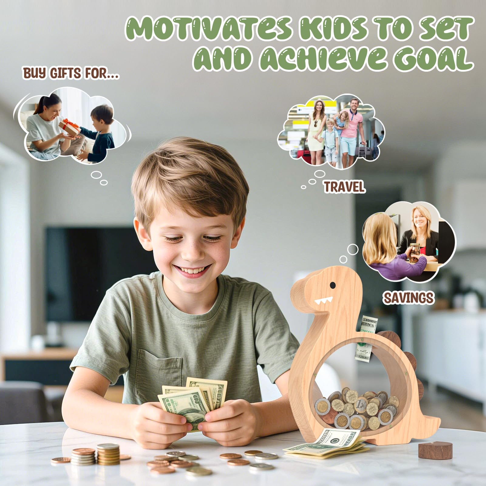 Summidate Wooden Dinosaur Piggy Bank for Kids Boys, Cute Wood Dino Money Bank for Toddlers, Creative Saving Coin Jar, Personalized Present for Child Birthday & Decor (Brachiosaurus, Custom)