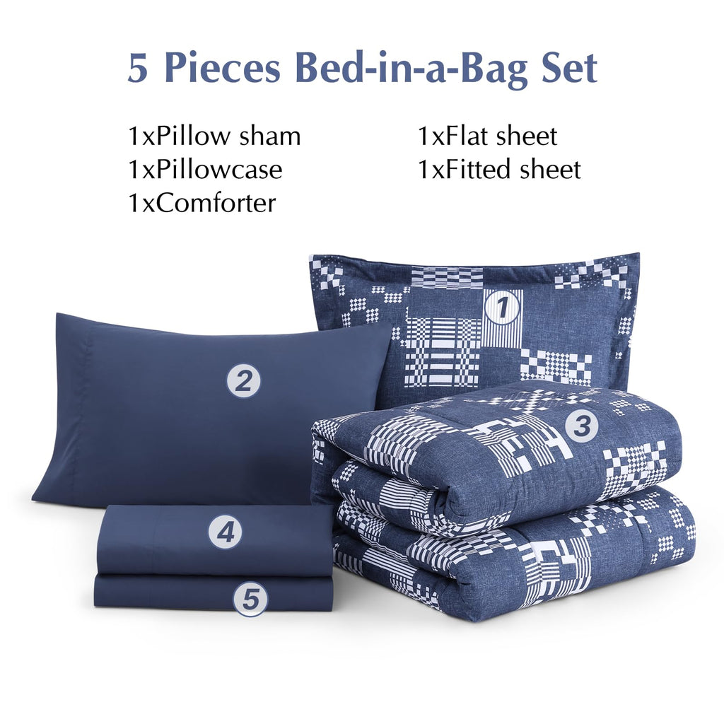 AMBERSPACE Plaid Twin XL Comforter Set Black, Reversible Checkered Bedding Set 5 Pieces for Boys Girls Teen, Lightweight Bed in a Bag for Dorm with Sheets, Pillowcase & Sham