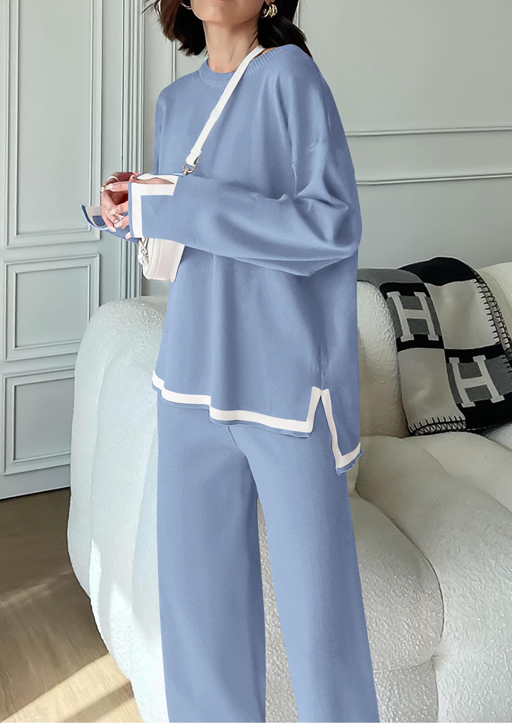 PRETTYGARDEN Women's 2 Piece Knit Sweater Set Travel Outfits | Long Sleeve Tops, Wide Leg Pants, Soft Matching Sweat Track Suits, Casual Fall Winter Clothes for Brunch, Going Out & Cruise