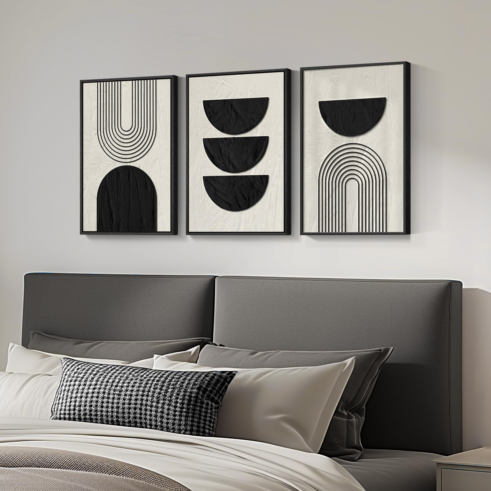 Framed Black and White Modern Abstract Wall Art, 3 Piece Canvas Prints Paintings Artwork for Walls, Minimalist Black White Grey Pictures for Living Room Dining Room Bedroom Office Wall Decor 16x24 In