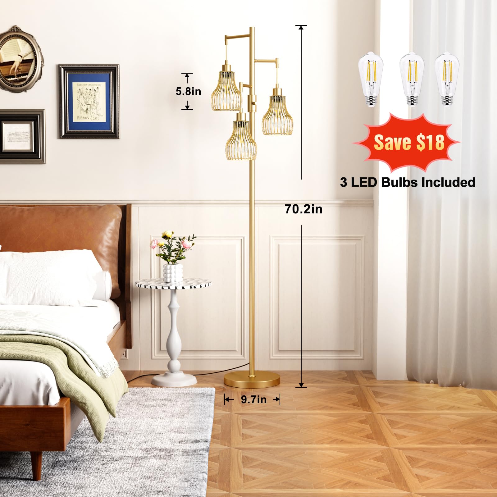 Ziisee Dimmable Floor Lamps for Living Room, Industrial Tree Standing Tall Lamps with 3 Elegant Cage Shade & 800 Lumens LED Bulbs for Bedroom Office - Brown