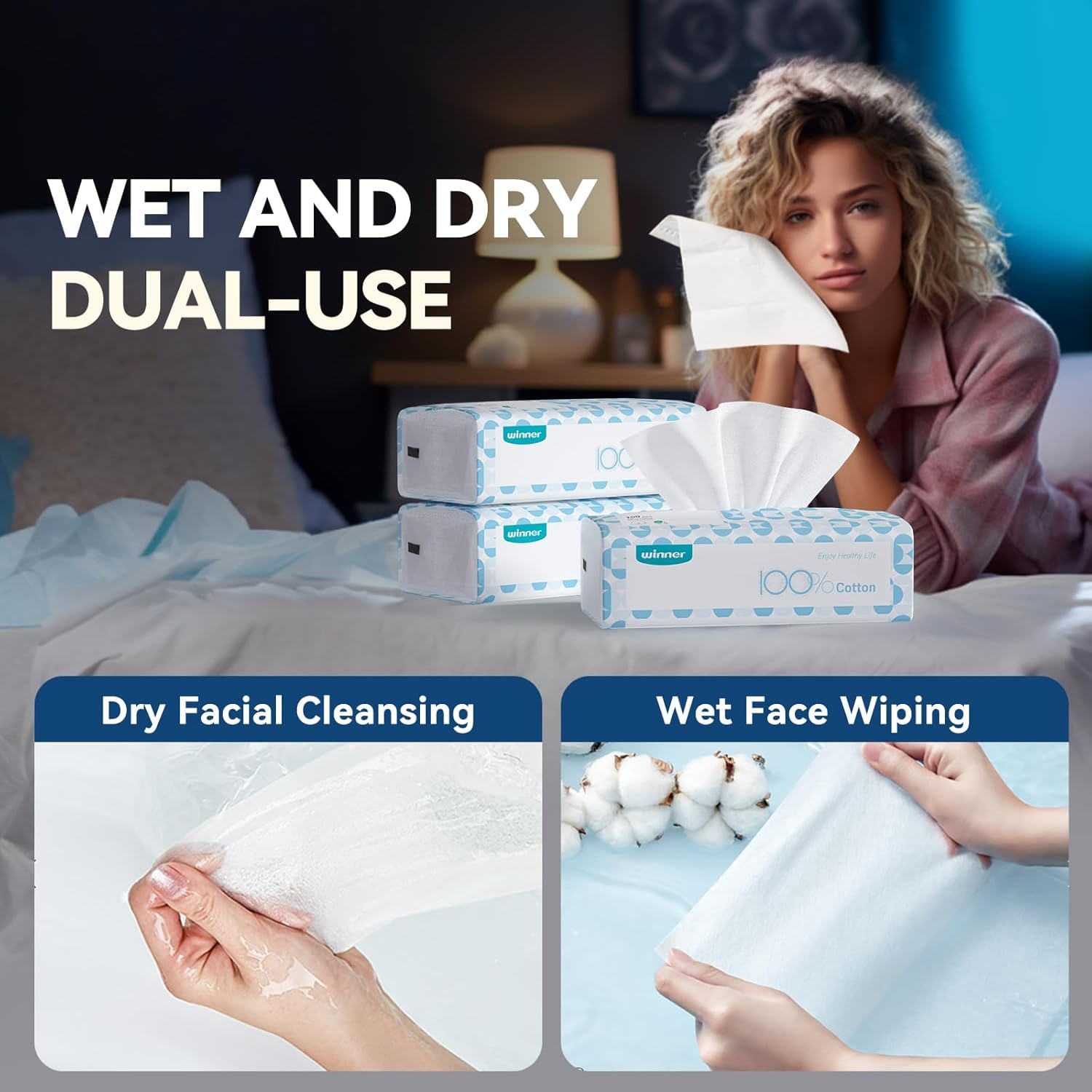 Winner Face Towels Soft Pack, 100% USDA Biobased Facial Towels, Unscented Cotton Tissues for Sensitive Skin, OEKO-TEX Certified Face Towelettes Disposable, Makeup Remover Dry Wipes, 100 Ct, 1 Pack