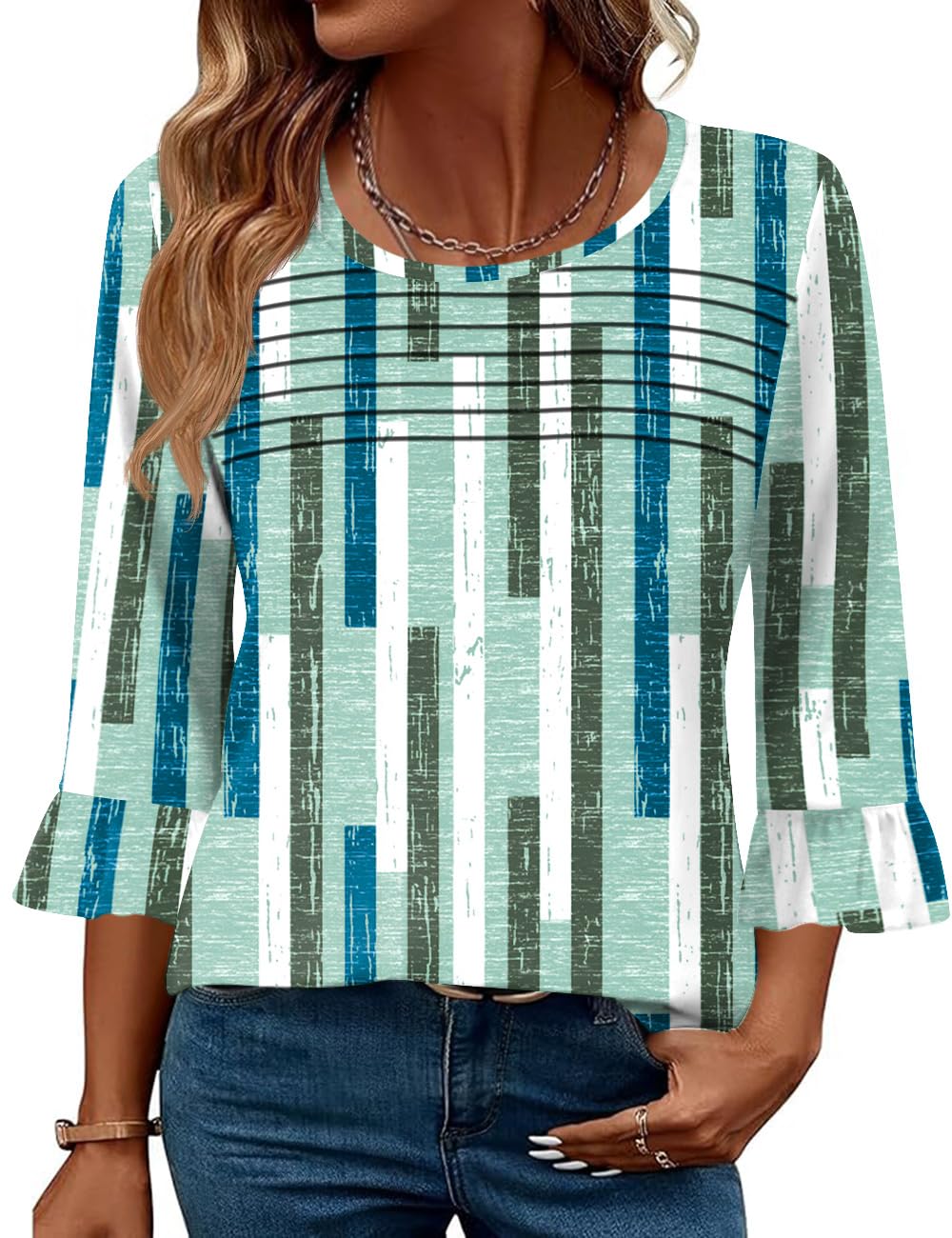 Blingfit Womens Tops 3/4 Length Sleeve Dressy Casual Shirts Bell Sleeve Front Pleated Fasion Trendy Summer Blouses 2026