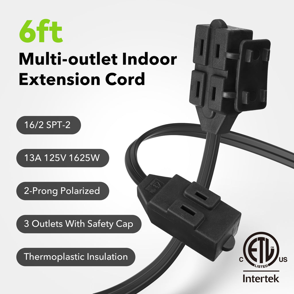 BN-LINK 6ft Indoor Extension Cord, 2 Pack, 3-Outlet Polarized Flat Cable, Household Power Cord for Home, Office, and Holiday Decorations, Black