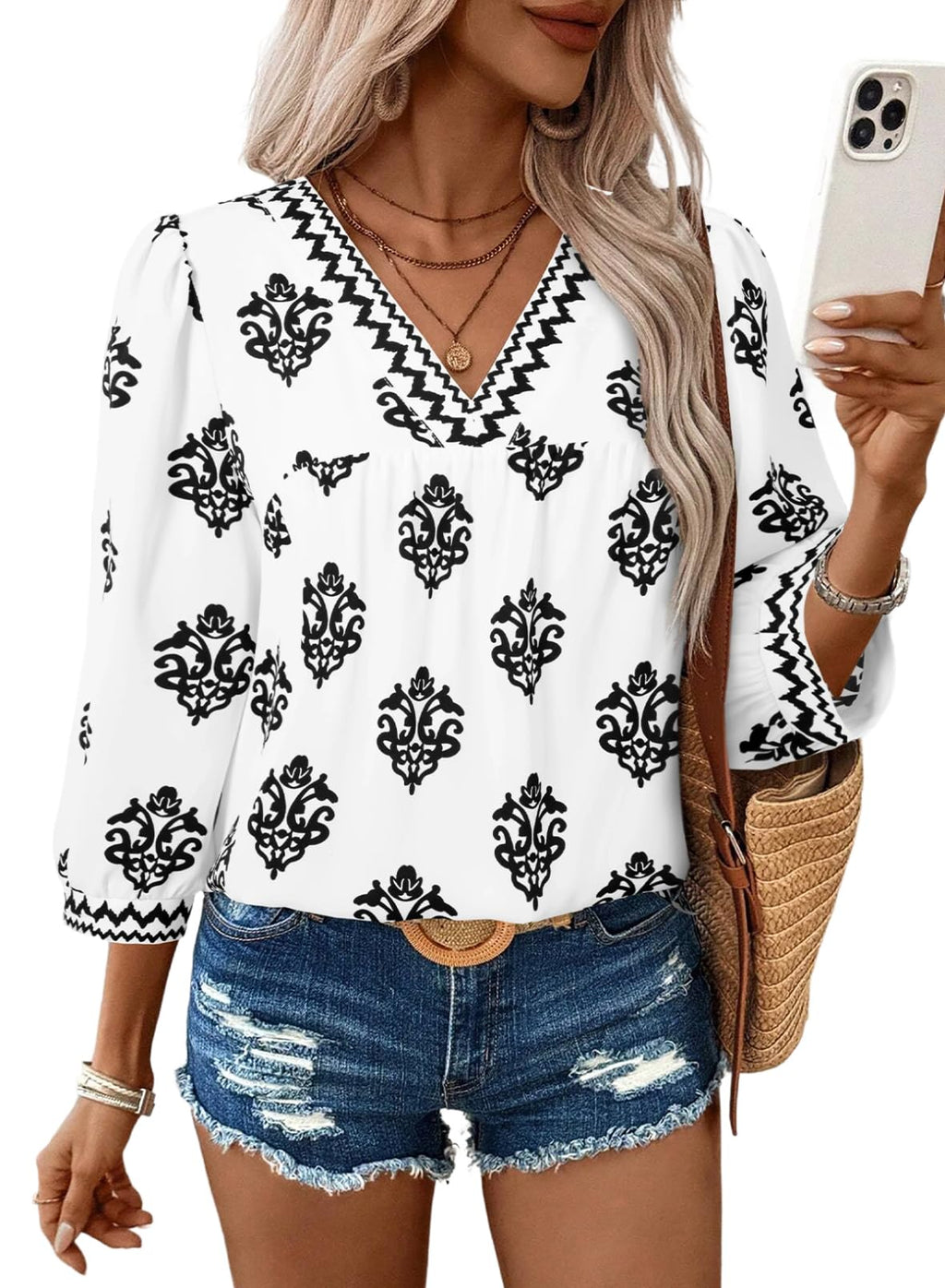 SHEWIN Women's Casual V Neck Floral Print Chiffon Blouses 3/4 Sleeve Boho Summer Tops Shirts