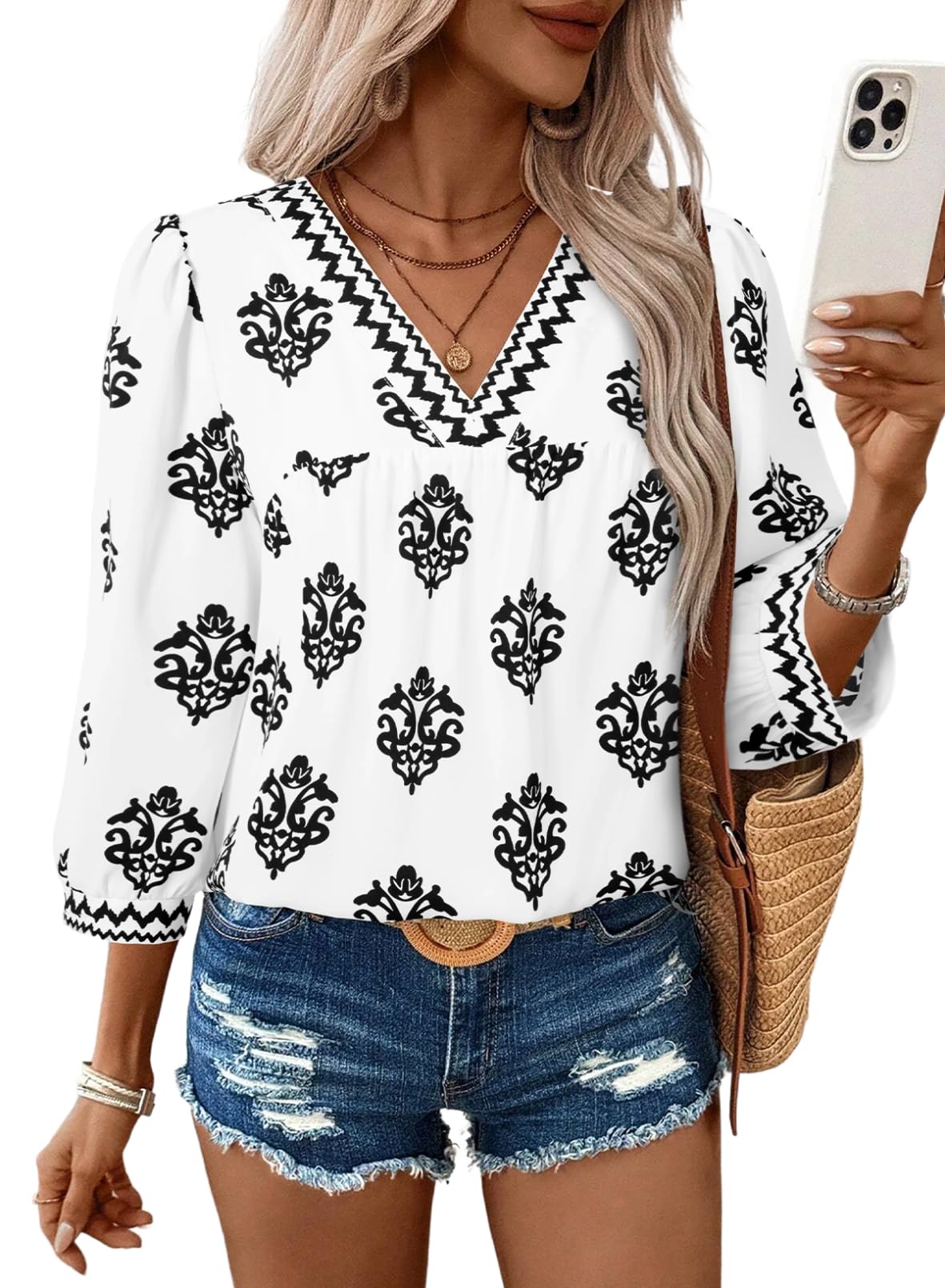 SHEWIN Women's Casual V Neck Floral Print Chiffon Blouses 3/4 Sleeve Boho Summer Tops Shirts