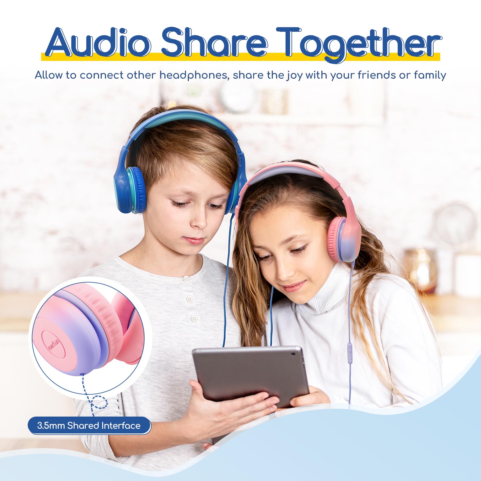 EarFun K1 Kids Headphones Wired with Microphone, 85/94dB Volume Limit Headphones for Kids, Portable Wired Headphone with Shareport, Stereo Sound Foldable Headset for School/Tablet/iPad, Black Red
