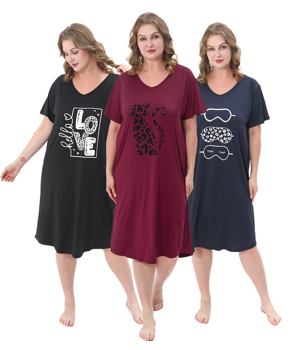 3 Pack Plus Size Women's Nightgown Soft Print Nightshirts for Women Short Sleeve Sleepwear