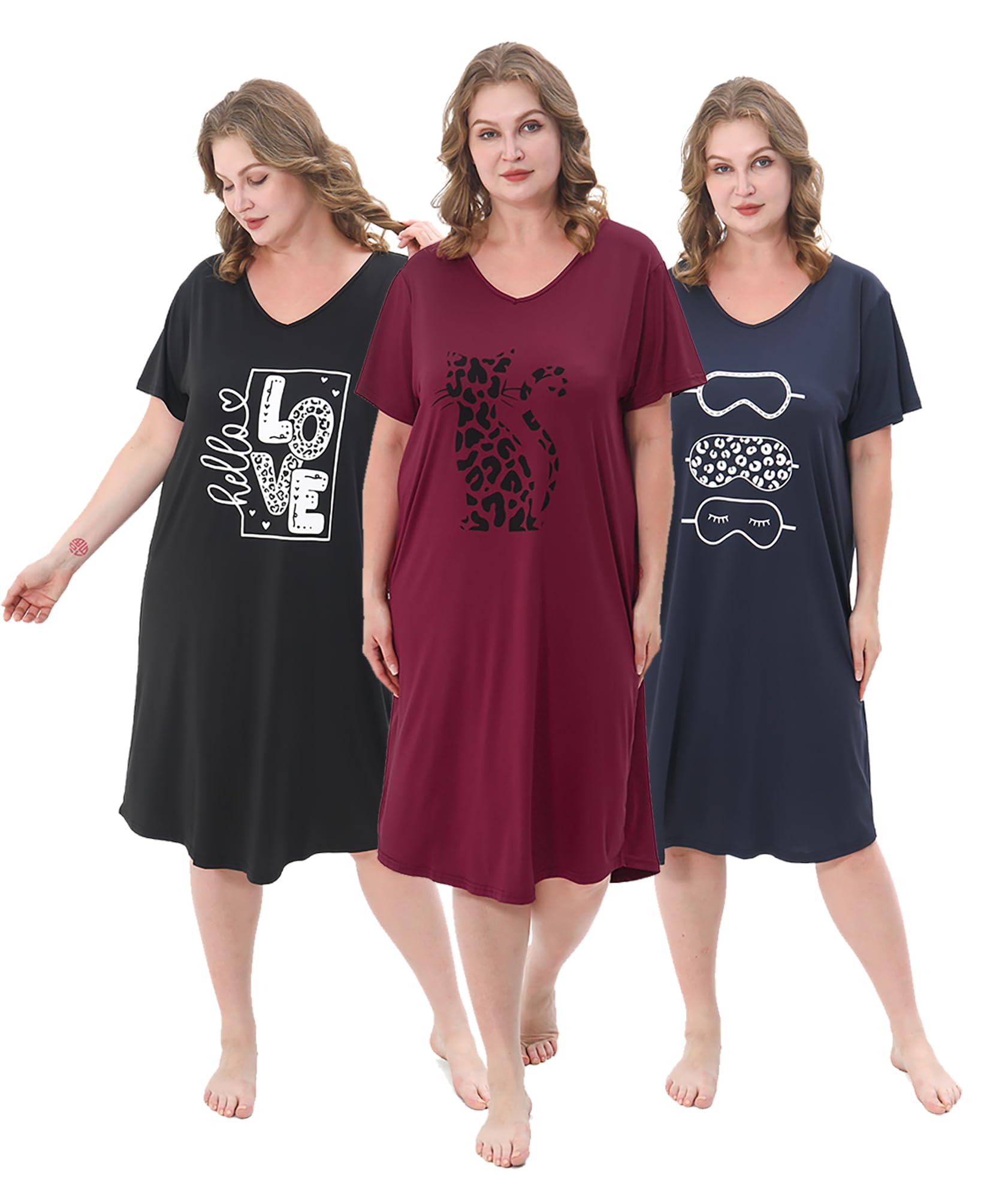 3 Pack Plus Size Women's Nightgown Soft Print Nightshirts for Women Short Sleeve Sleepwear