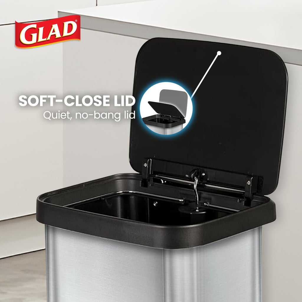 Glad 13 Gallon All Brushed Stainless Steel Trash Can with Clorox Odor Protection | Large Metal Kitchen Garbage Bin with Soft Close Lid, Garbage Bag Rings, Step On Foot Pedal and Waste Bag Roll Holder