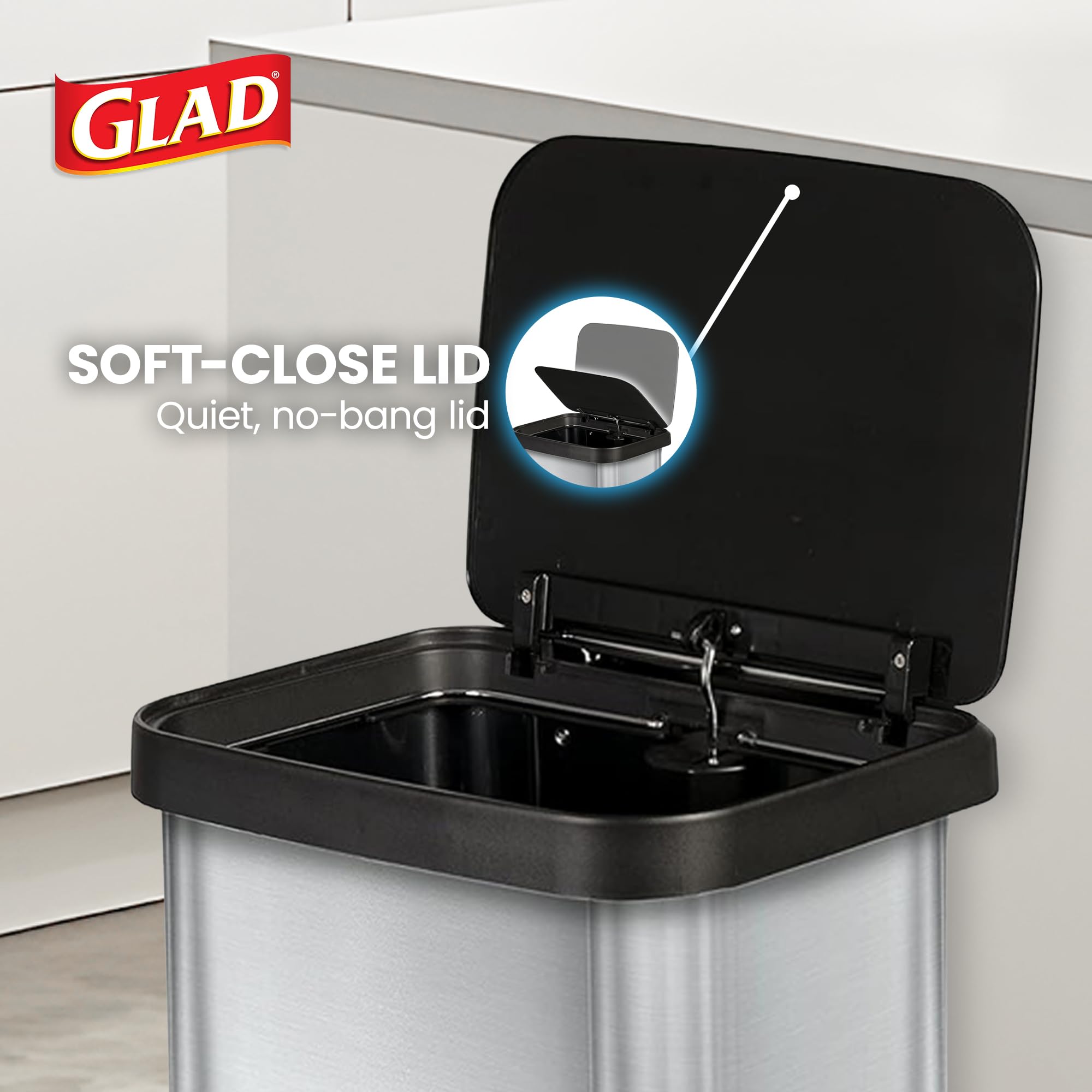 Glad 13 Gallon All Brushed Stainless Steel Trash Can with Clorox Odor Protection | Large Metal Kitchen Garbage Bin with Soft Close Lid, Garbage Bag Rings, Step On Foot Pedal and Waste Bag Roll Holder