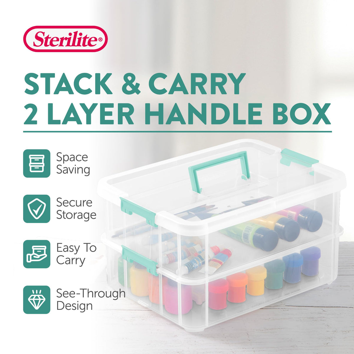 Sterilite 4-Pack Stack & Carry, 2 Layer Handle Box for Home & Office Storage - Clear Base & Lid with Color Latches, Organizer for Art & Craft Supplies, Sewing Tools or 8.5" x 11" Paper