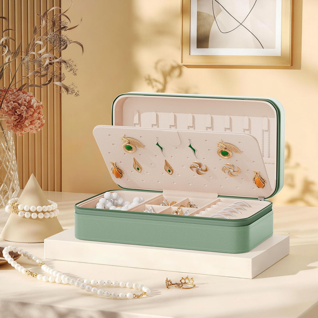 DesignSter Travel Jewelry Box, PU Leather Portable Jewelry Case, Small Jewelry Boxes for Gifts, Travel Jewelry Organizer for Women Rings Earrings Necklaces Bracelets (Avocado Green)