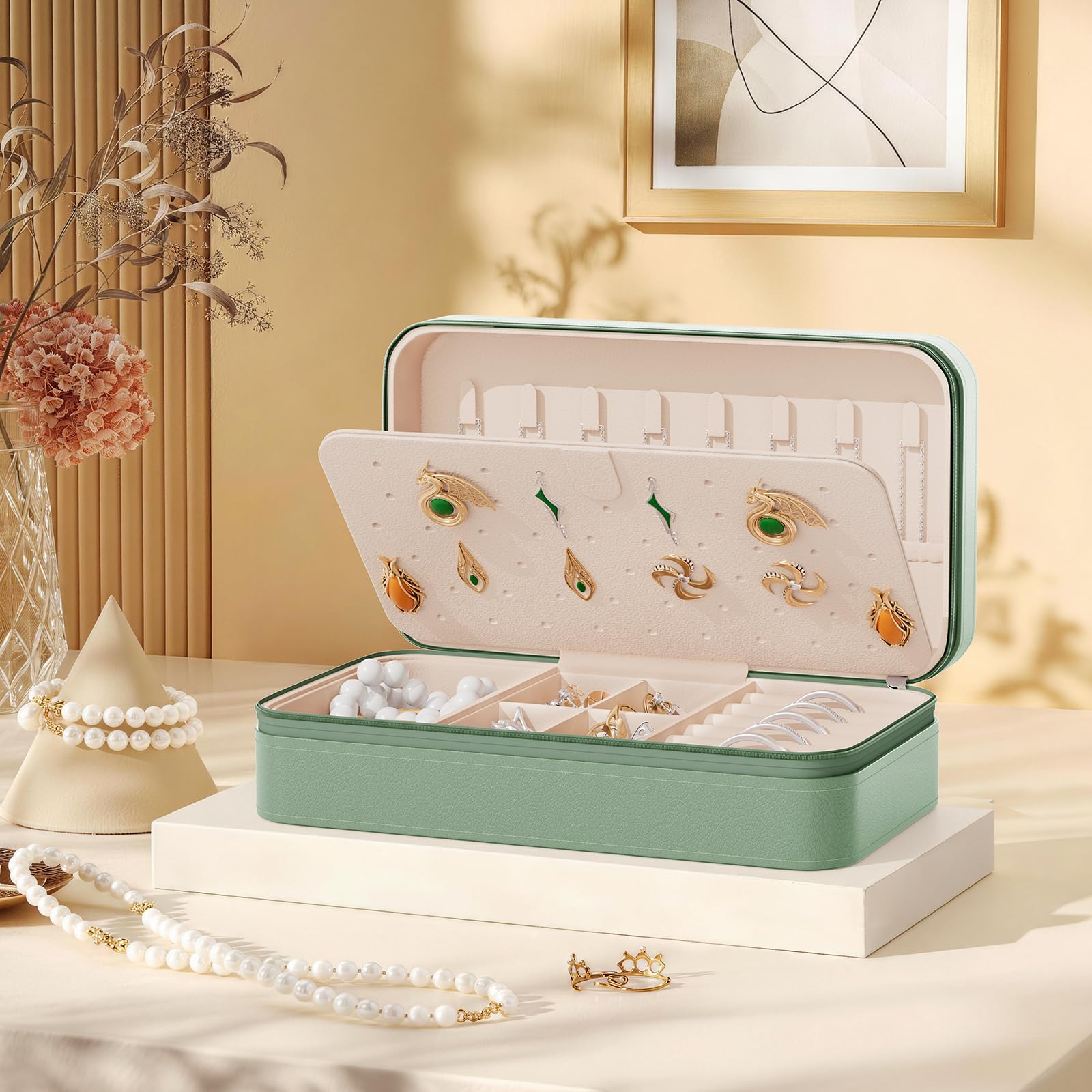 DesignSter Travel Jewelry Box, PU Leather Portable Jewelry Case, Small Jewelry Boxes for Gifts, Travel Jewelry Organizer for Women Rings Earrings Necklaces Bracelets (Avocado Green)