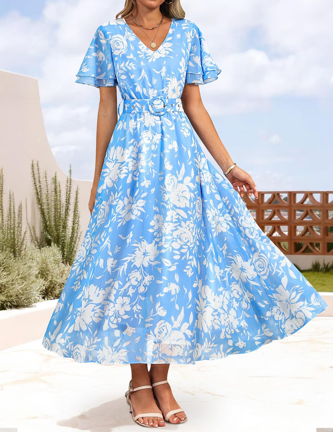 ZESICA Women's 2026 Summer Floral V Neck Midi Dress Boho Short Sleeve High Waist Flowy Beach Vacation Dresses with Belt