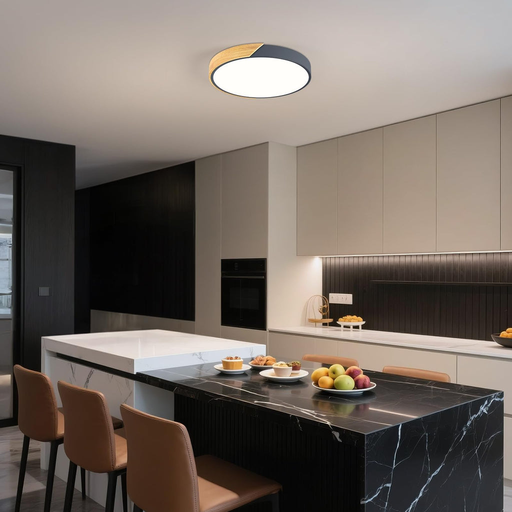 Modern LED Ceiling Light, Minimalist Wood Dimmable Flush Mount Ceiling Light Fixture, Round 5CCT Lighting Lamp with Acrylic Lampshade for Bedroom Hallway Kitchen Laundry, Black 11.8"