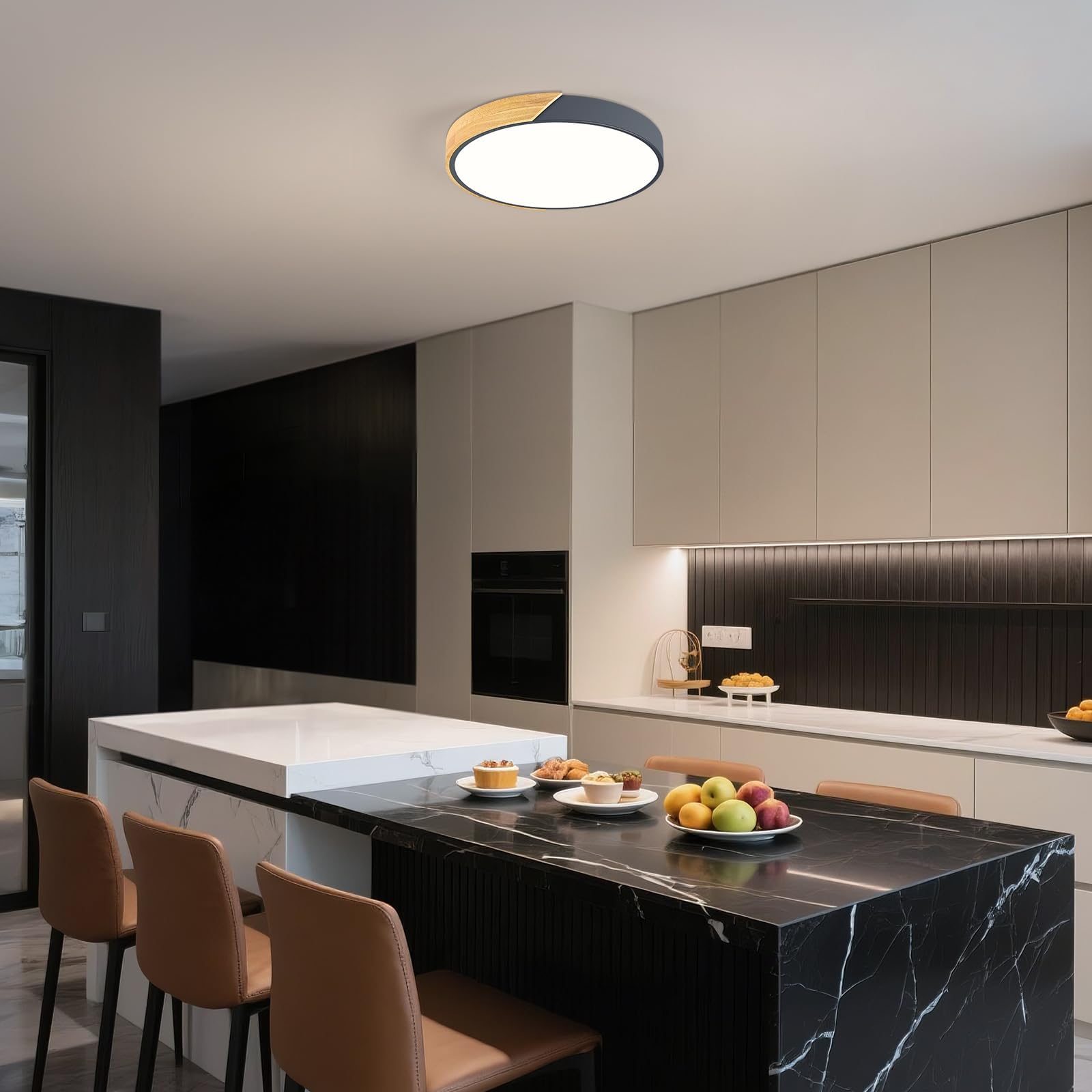 Modern LED Ceiling Light, Minimalist Wood Dimmable Flush Mount Ceiling Light Fixture, Round 5CCT Lighting Lamp with Acrylic Lampshade for Bedroom Hallway Kitchen Laundry, Black 11.8"