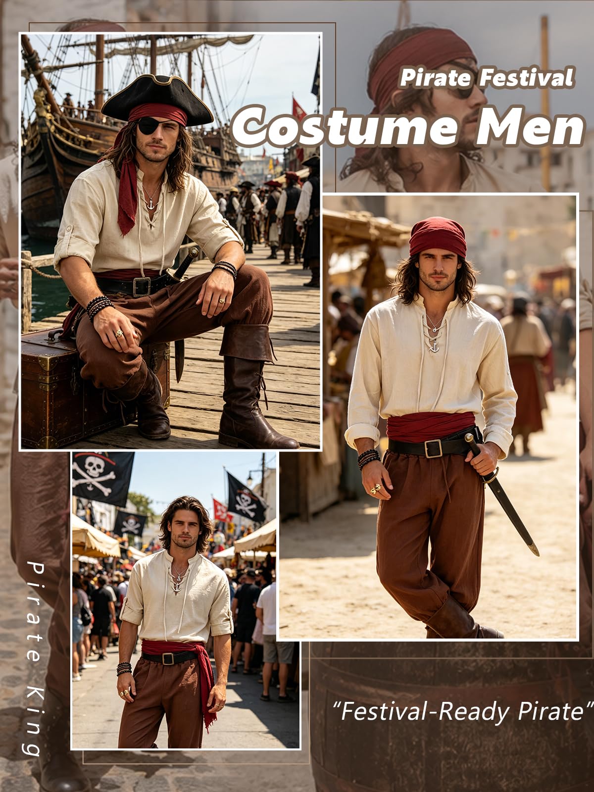 Verceco Mens Pirate Costume Outfit Renaissance Costume Men Medieval Outfit With Pirate Pants Shirts Sash Accessories (Black, Medium)