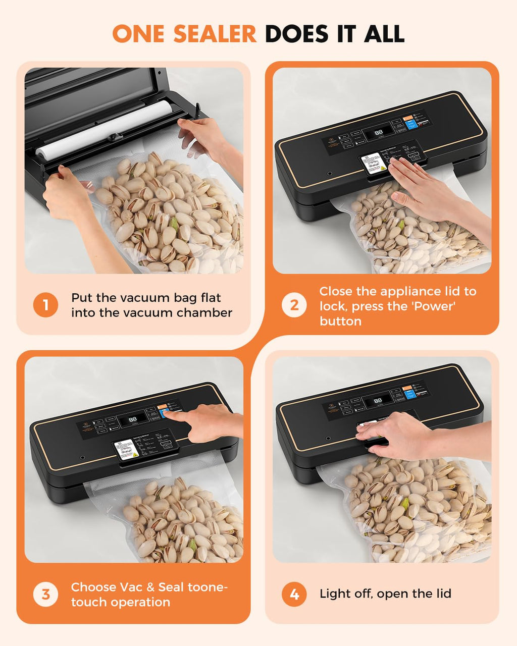 Vacuum Sealer for Food, 95kPa Food Vacuum Saver Sealer Machine, 12L/min 135W Fast-Sealing with Auto Tear-Cut,Digital Timer, Built-in Bag Storage, Cutter and One Bag Roll, 9-in-1 Compact Vacuum Sealer