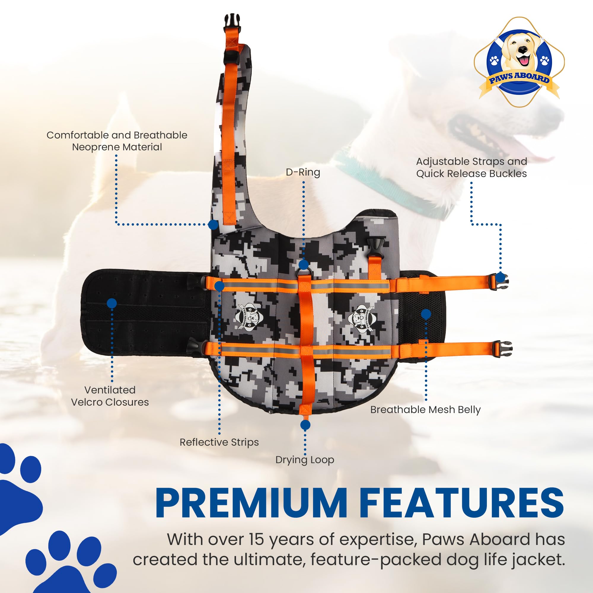 Dog Life Jacket — Premium Swim Vest with SafeChin Anti-Choke Collar | PAWS Aboard Blue & Yellow | RapidLift Rescue Handle, D-Ring, Reflective Trim | Boating, Kayaking, Pool | XX-Small (Under 6 lbs)