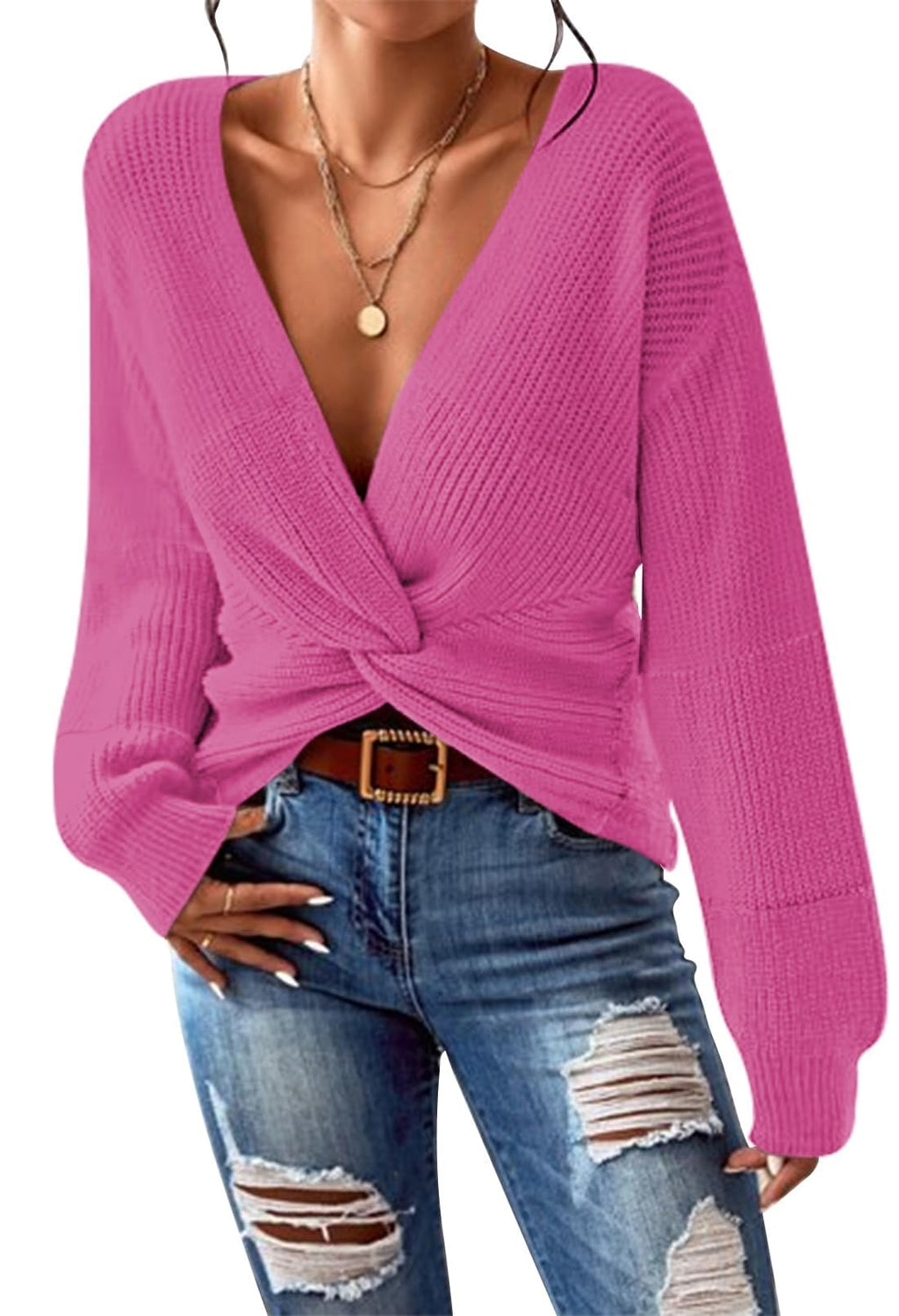 Pink Queen Women's 2026 Twist Knot Cropped Sweater V Neck Long Sleeve Knit Pullover Top Casual Fall Fashion Clothes