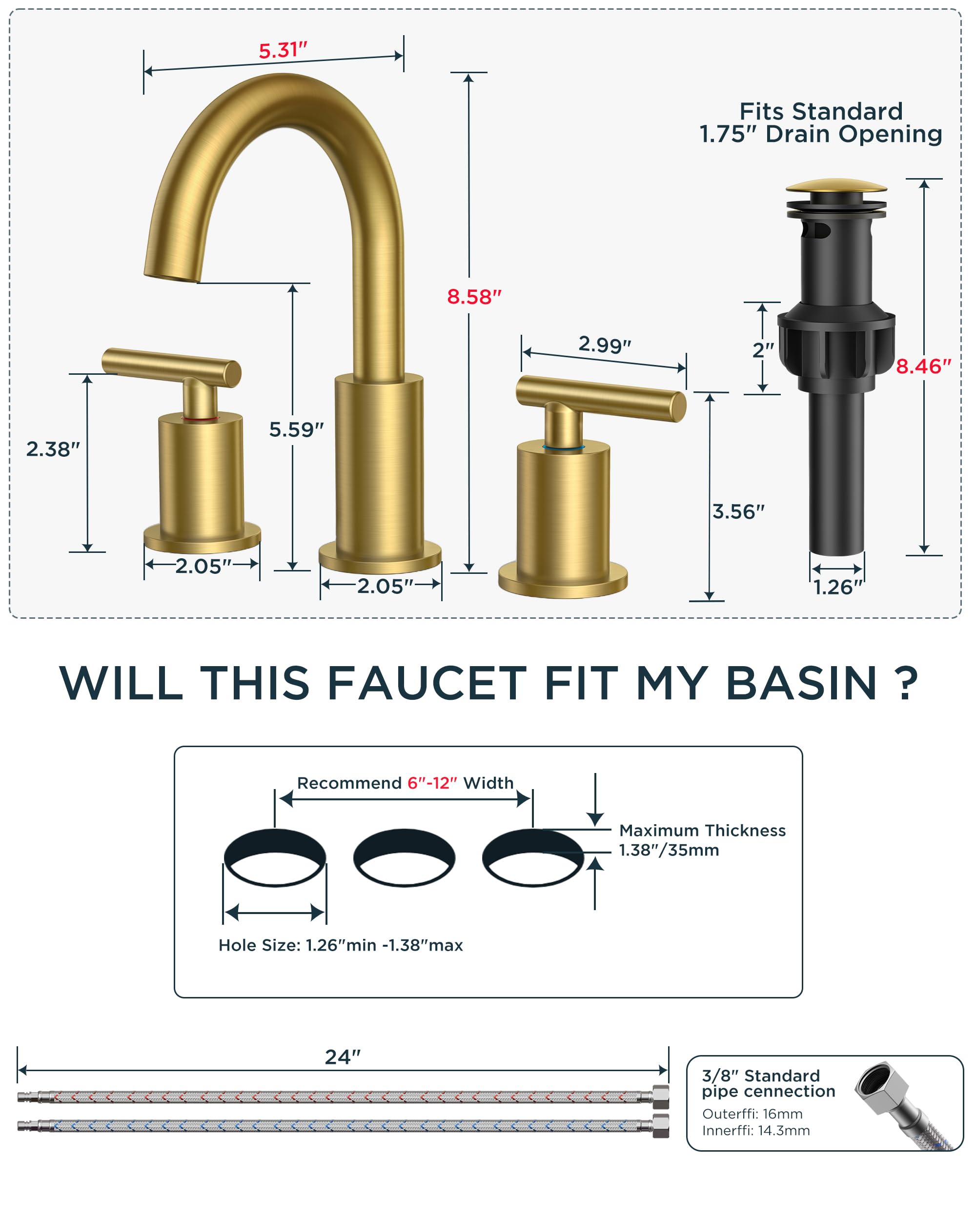 FORIOUS 4" Brushed Gold Bathroom Faucet Centerset 4 Inch, 2 Handle 2 Hole Gold Faucets for Bathroom Vanity wtih Metal Pop Up Dain, CUPC Supply Hose, High Arc Swivel Spout