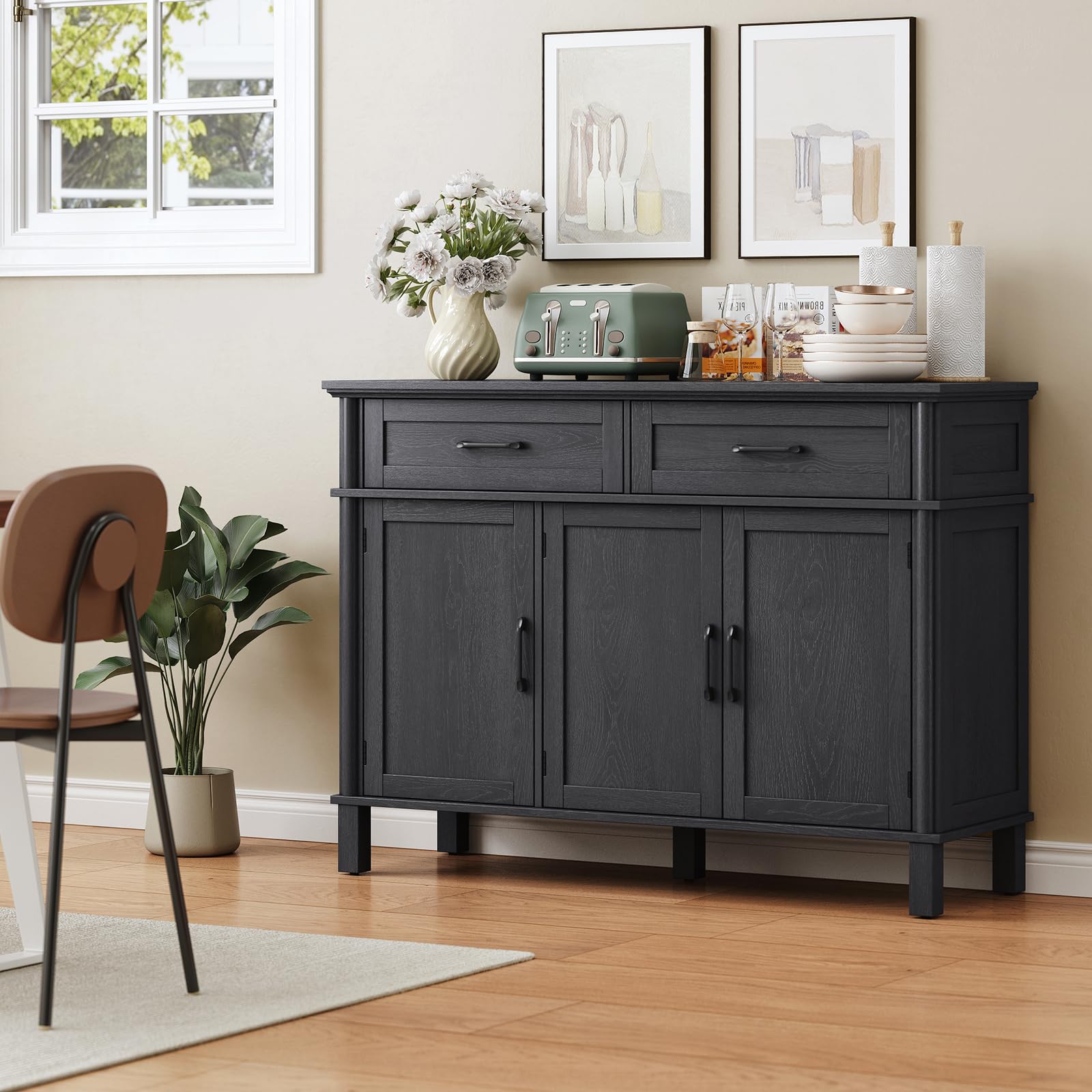 ONBRILL 48 Inches Buffet Cabinet with Storage, Farmhouse Sideboard Buffet w/2 Drawers and 3 Doors, Wood Coffee Bar Cabinet with Adjustable Shelves, Sideboard Storage for Kitchen, Living Room, Black