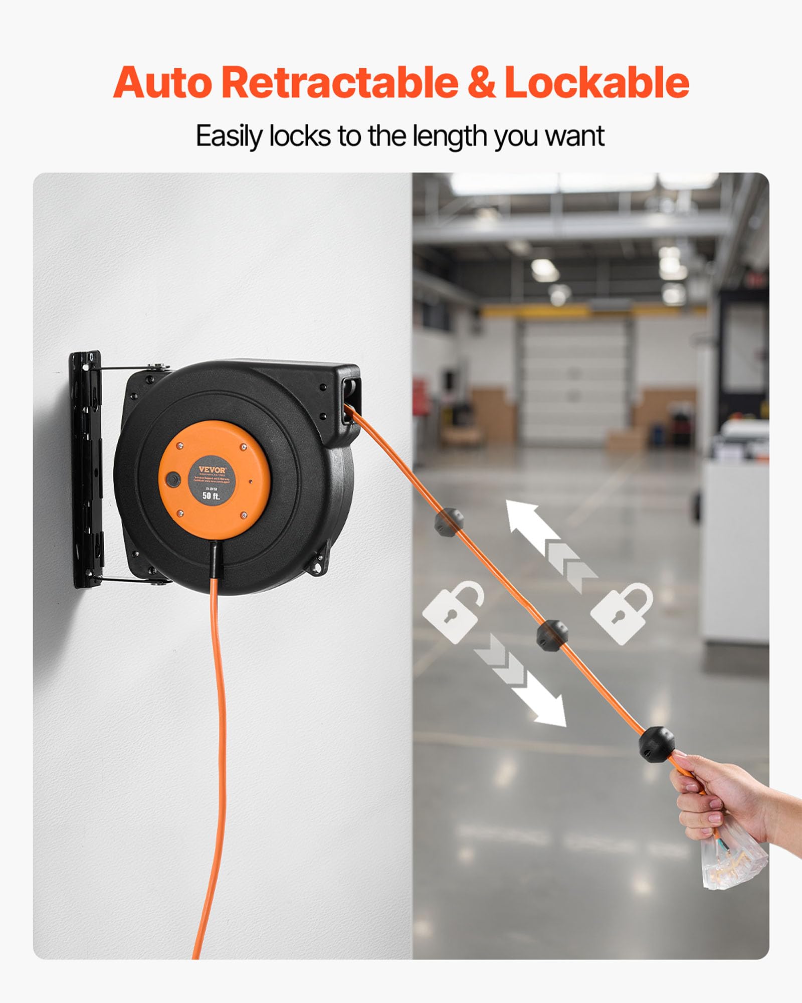 VEVOR Retractable Extension Cord Reel, 30 FT, Heavy Duty 16AWG/3C SJTOW Retractable Power Cord Reel with Lighted Triple Tap Outlet 10 Amp Circuit Breaker 4.5FT Lead-in Cord, for Ceiling or Wall Mount