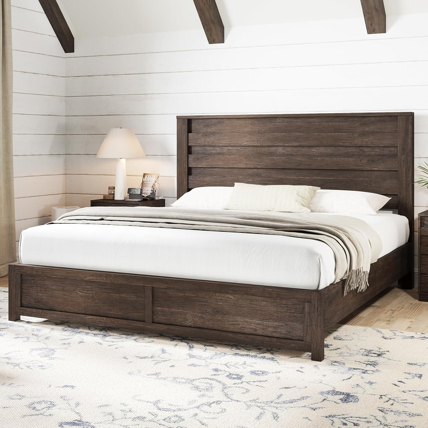 AMERLIFE Farmhouse Full Size Bed Frame with 49" Fluted Headboard, Wood Platform Bed with Natural Grain, No Box Spring Needed/Noise Free, Black