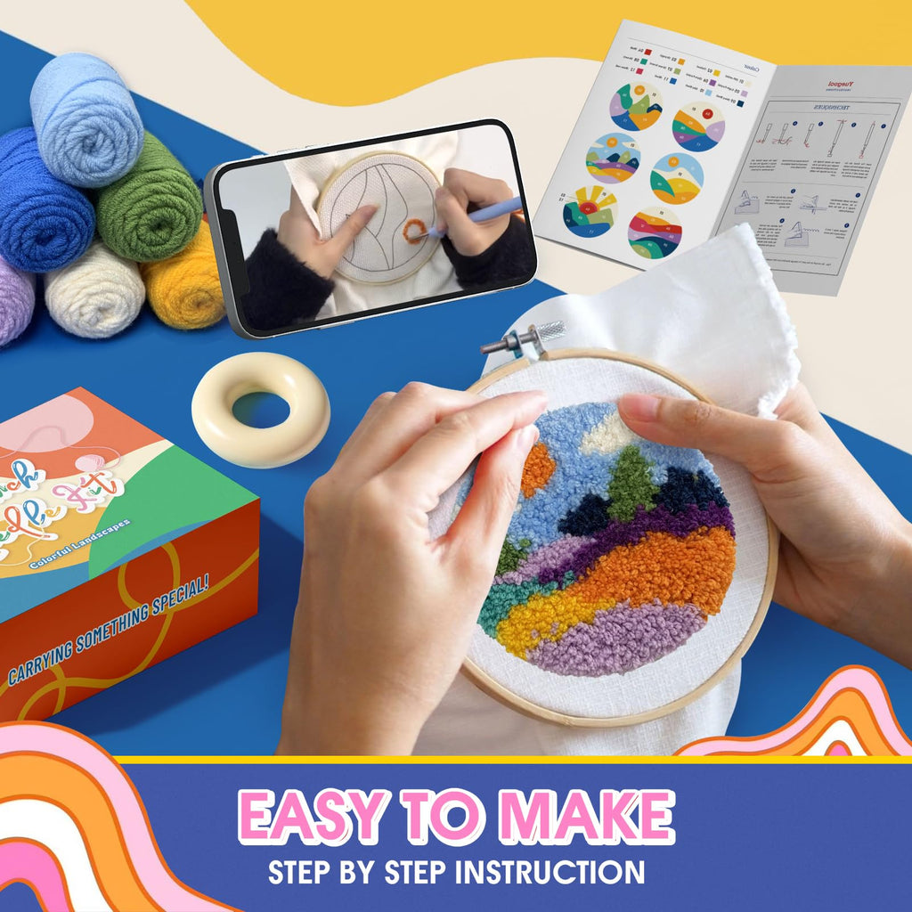 yuegool 6PCS Enchanted Oddities Punch Needle Coasters Kit – Easy DIY Embroidery Kit for Beginners, Adults & Kids | Includes Patterns, Tools, Yarns, Hoop, Instructions, Coaster Holder