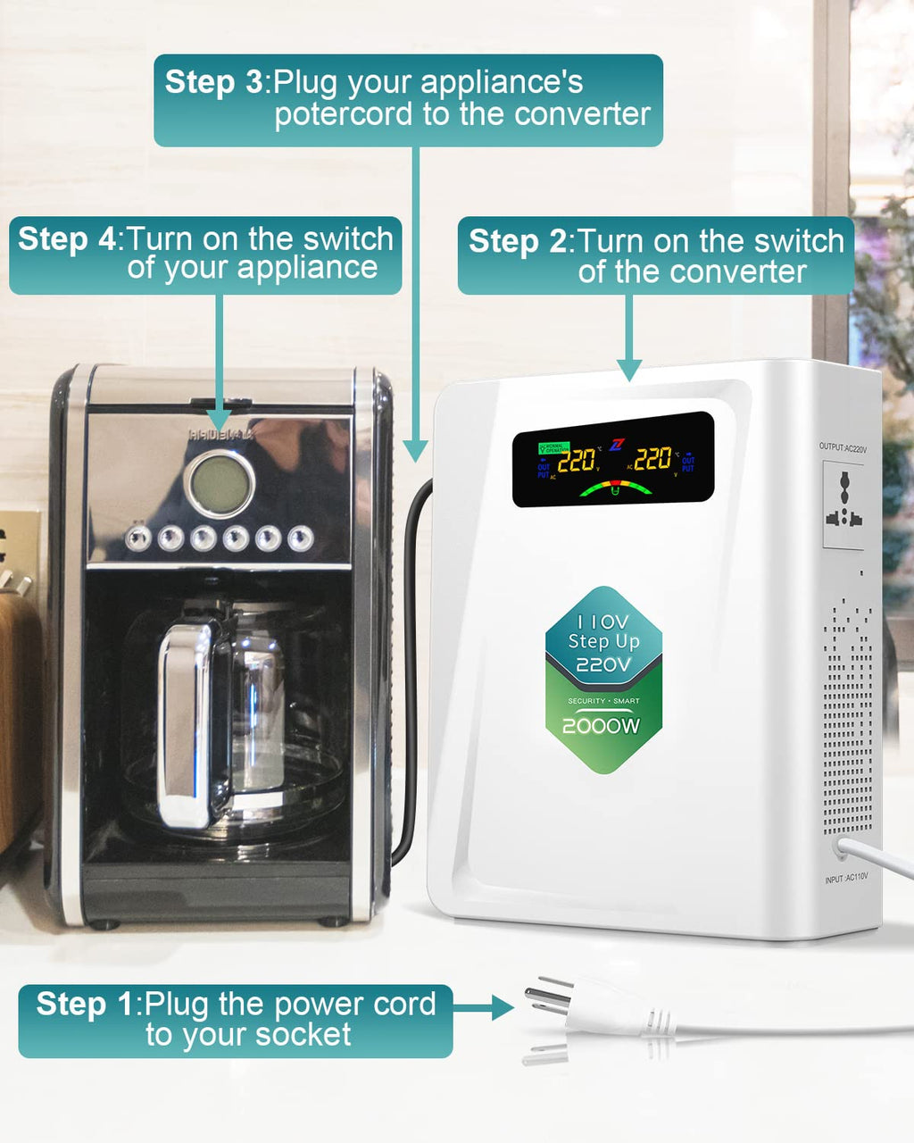 220v to 110v Step Down Transformer 1000W Power Voltage Converters, No Noise, Ten Protection Functions, Suit for Coffee Machines, Rice Cookers and Other US Appliances Used in Europe